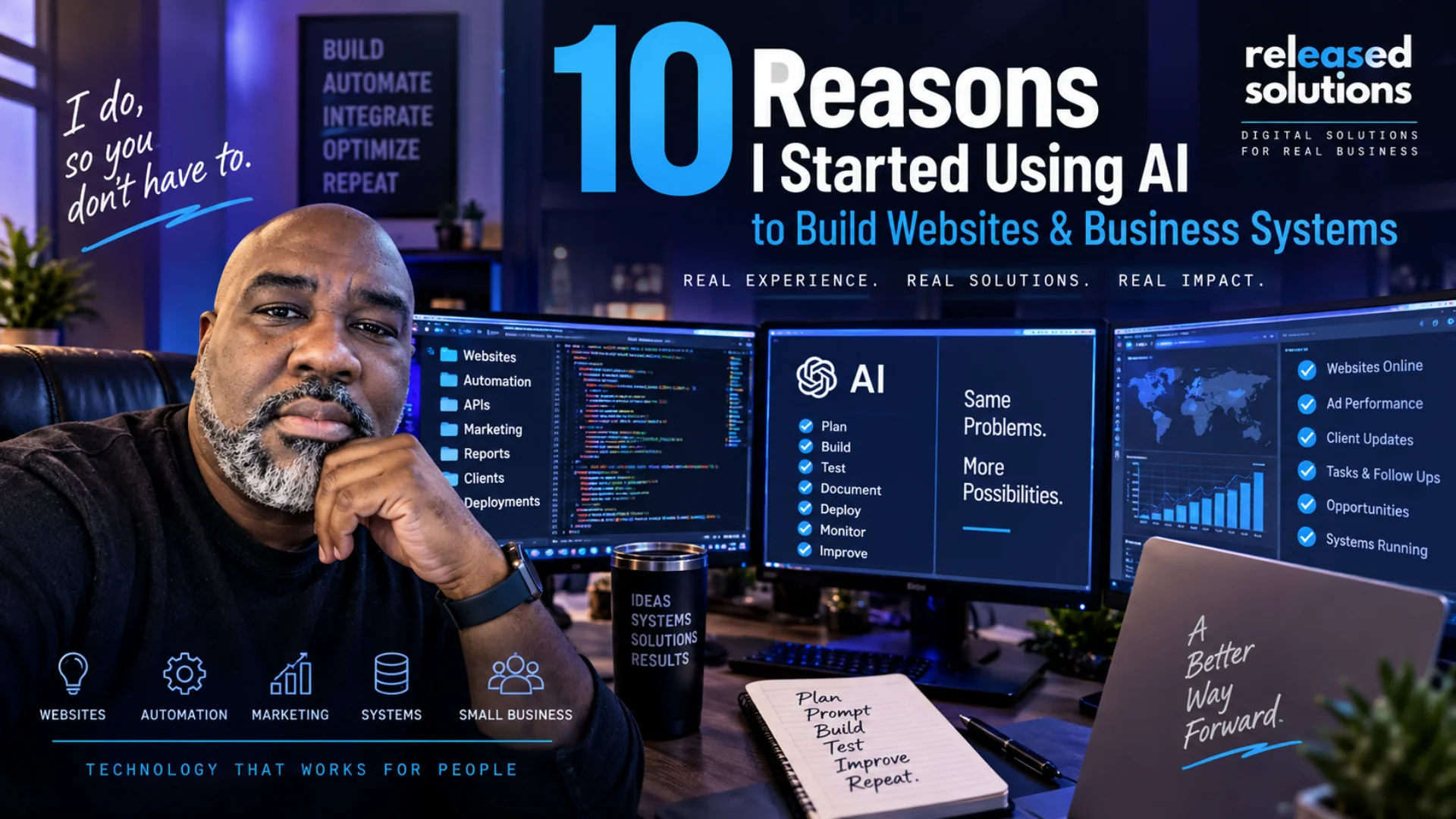 Kenneth Durrum in an AI-assisted development workspace illustrating 10 reasons he uses AI to build websites and business systems.