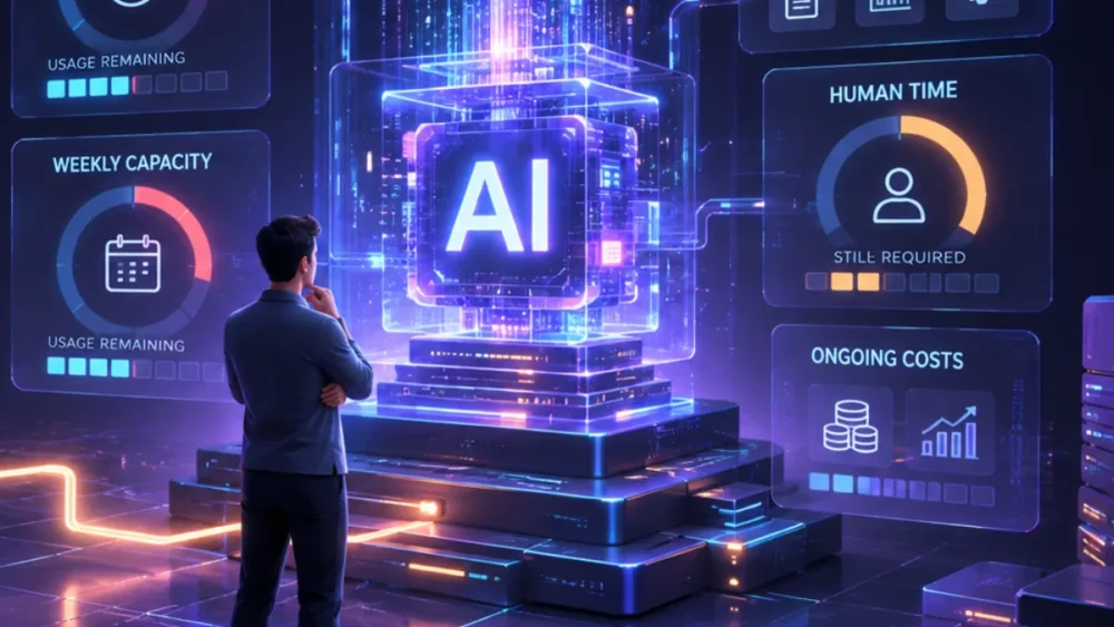 Small-business owner examining AI usage limits and the real workload behind a 20 dollar AI subscription.