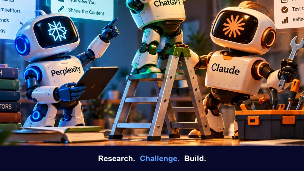 Three AI assistants sharing one content workflow: research, challenge and build.