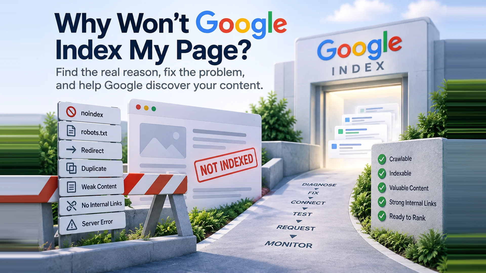 Illustration representing a webpage being checked for Google indexing problems and Search Console signals. Illustration representing a webpage being checked for Google indexing problems and Search Console signals.