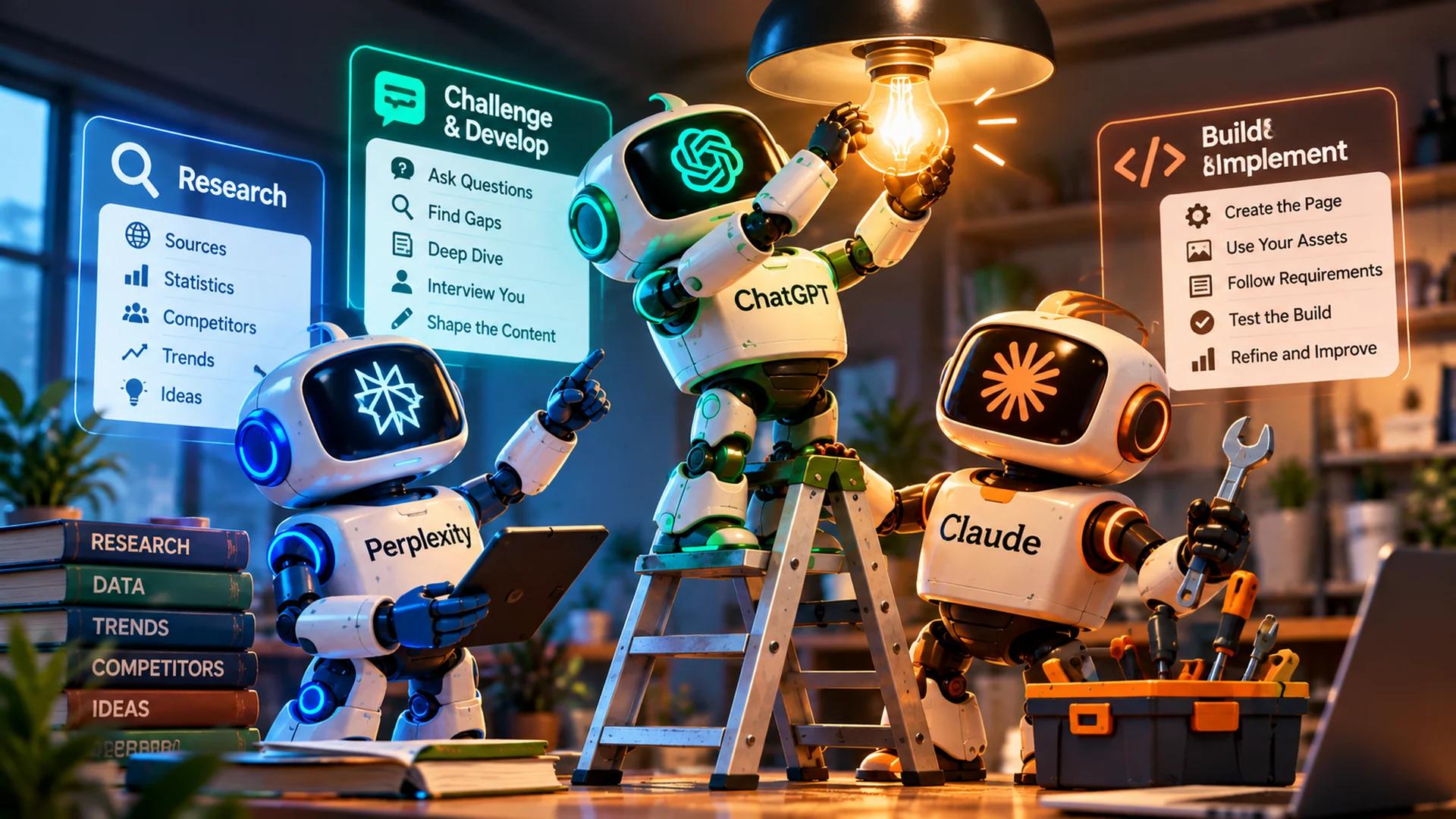 Perplexity, ChatGPT and Claude each doing one job in a human-directed content workflow. Perplexity, ChatGPT and Claude each doing one job in a human-directed content workflow.