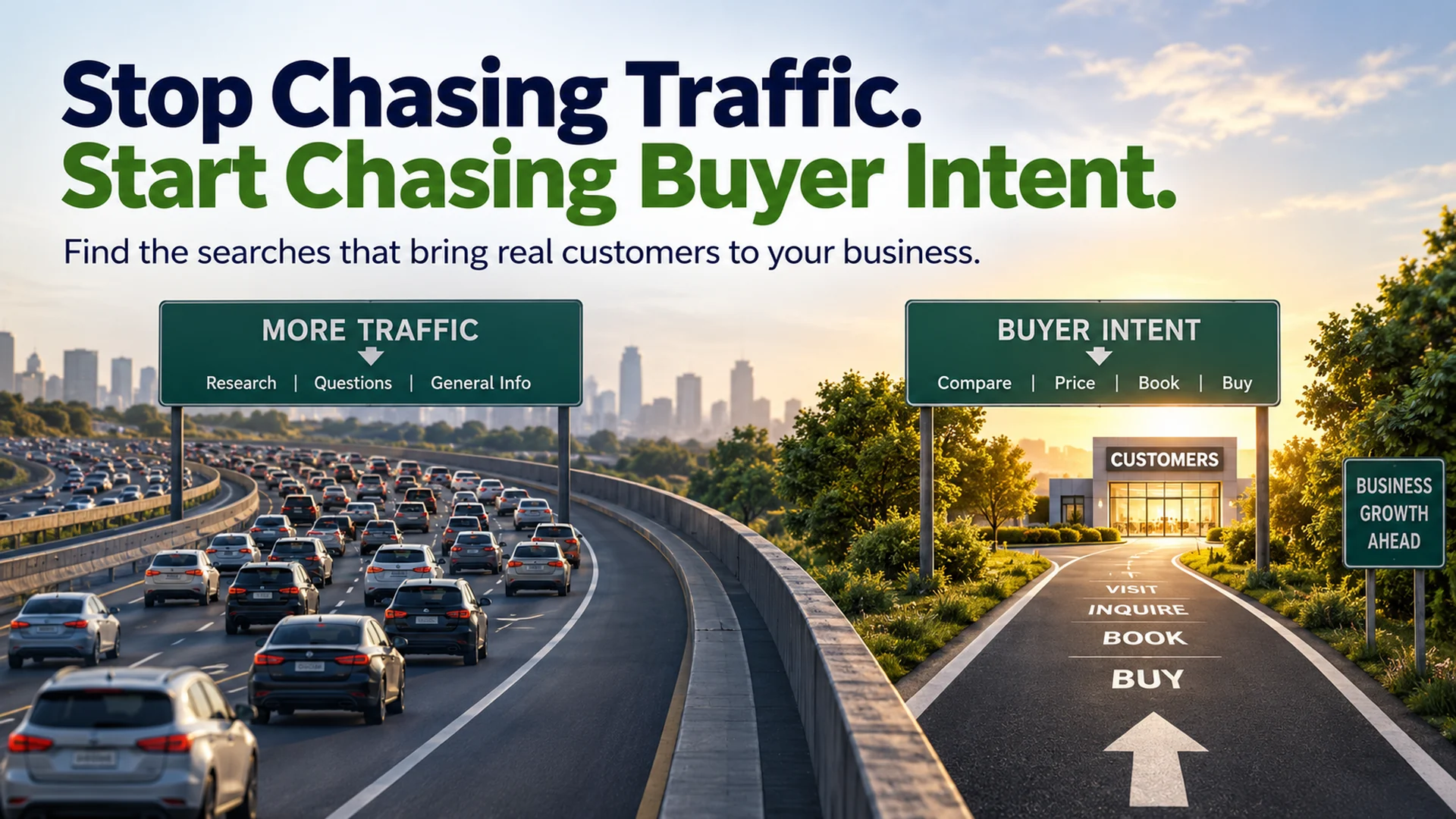Buyer intent keyword concept showing focused high-intent search traffic moving toward customer conversion. Buyer intent keyword concept showing focused high-intent search traffic moving toward customer conversion.