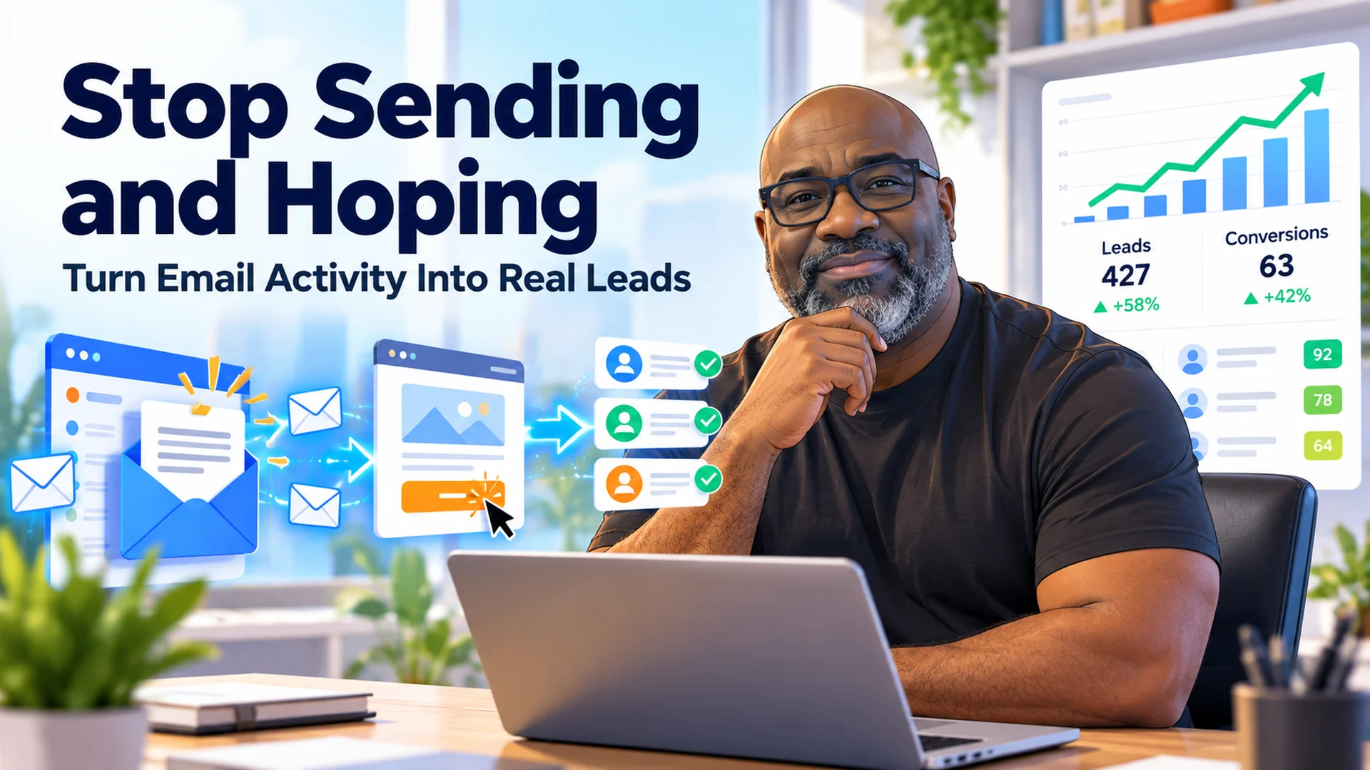 Conceptual email lead-scoring system connecting email engagement, website behavior, analytics, a database and AI. Conceptual email lead-scoring system connecting email engagement, website behavior, analytics, a database and AI.