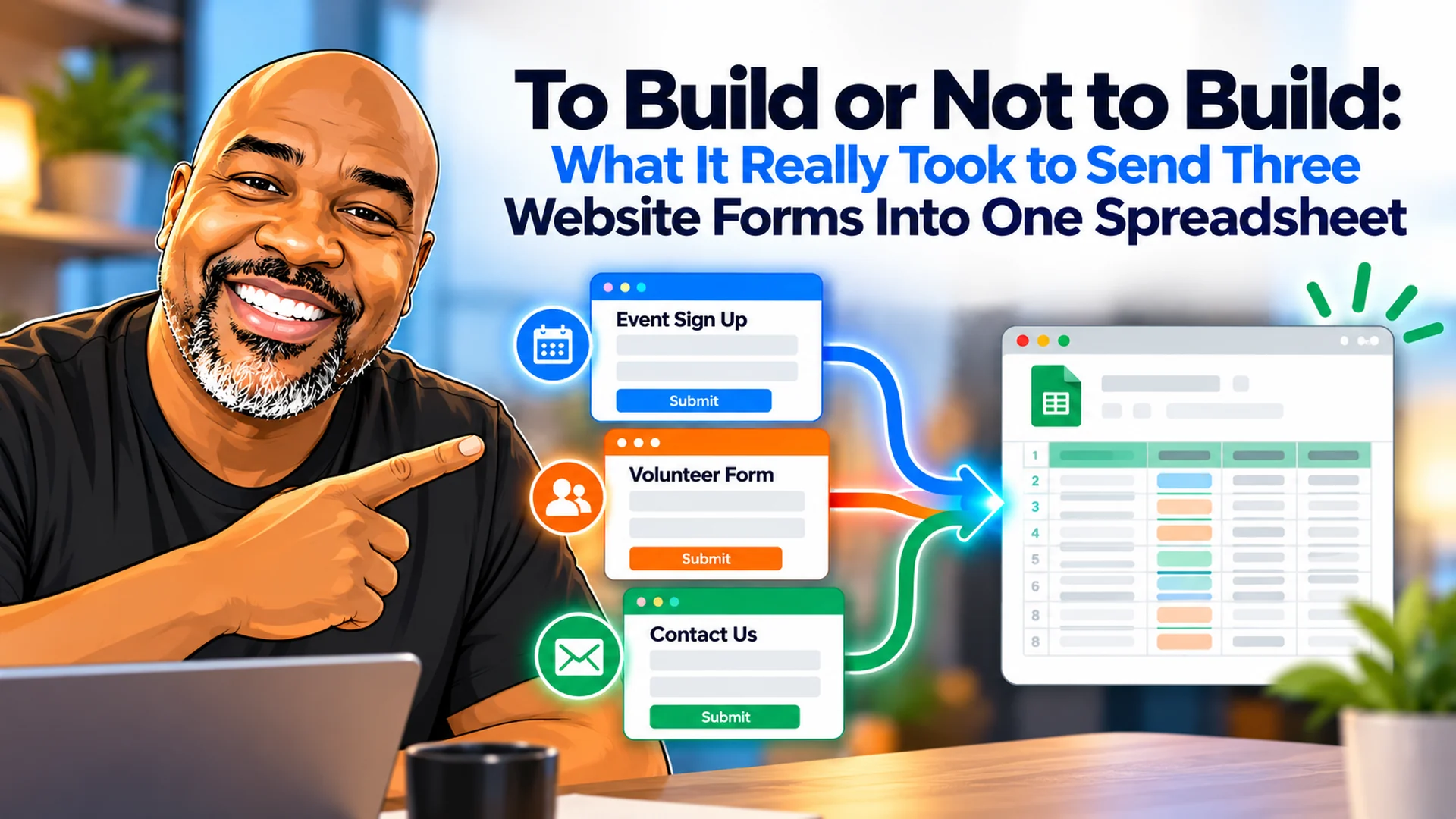 Three website form panels converging through a single connector into one spreadsheet grid. Three website form panels converging through a single connector into one spreadsheet grid.