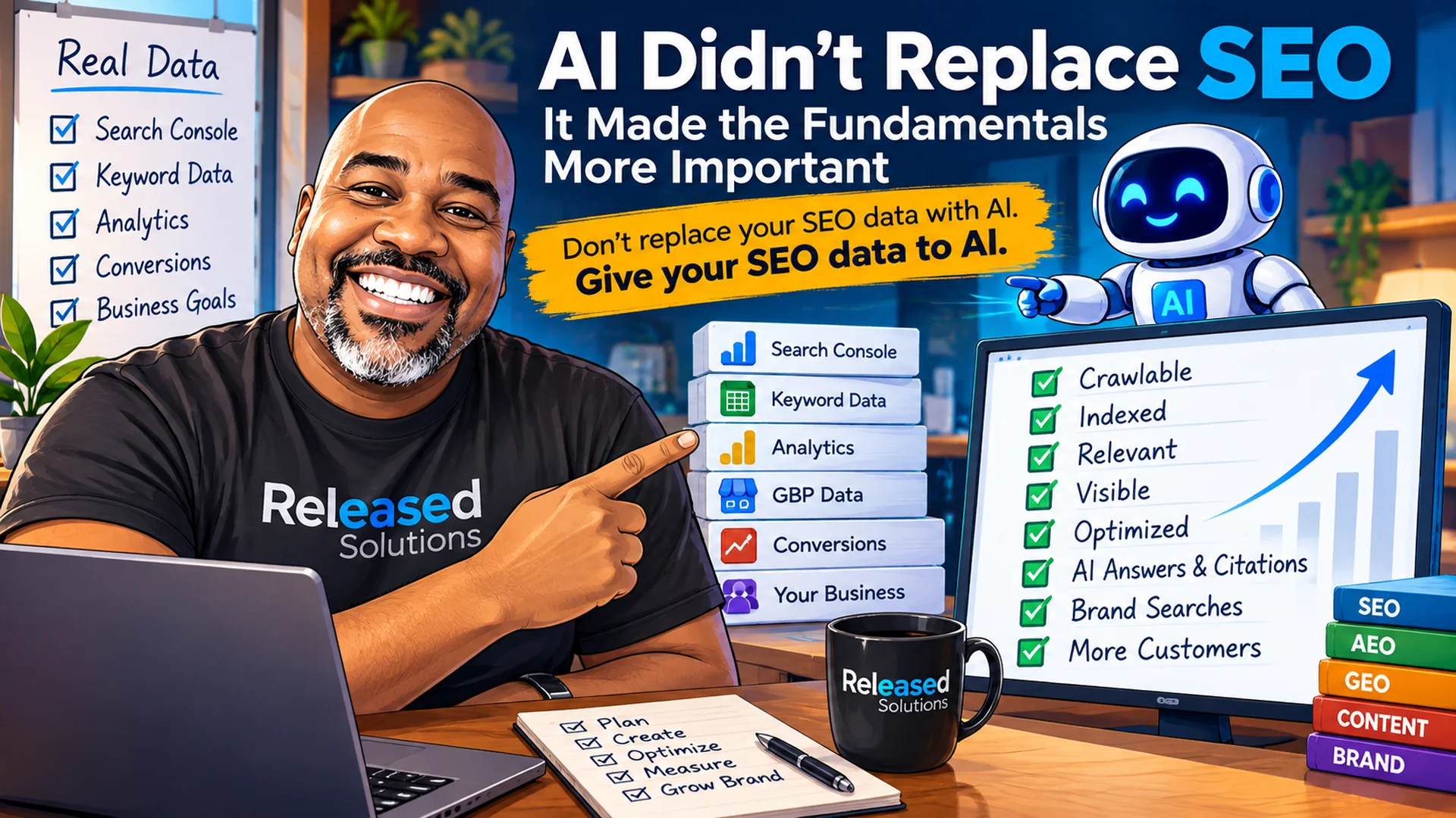 SEO data and indexing signals feeding an AI analysis layer.