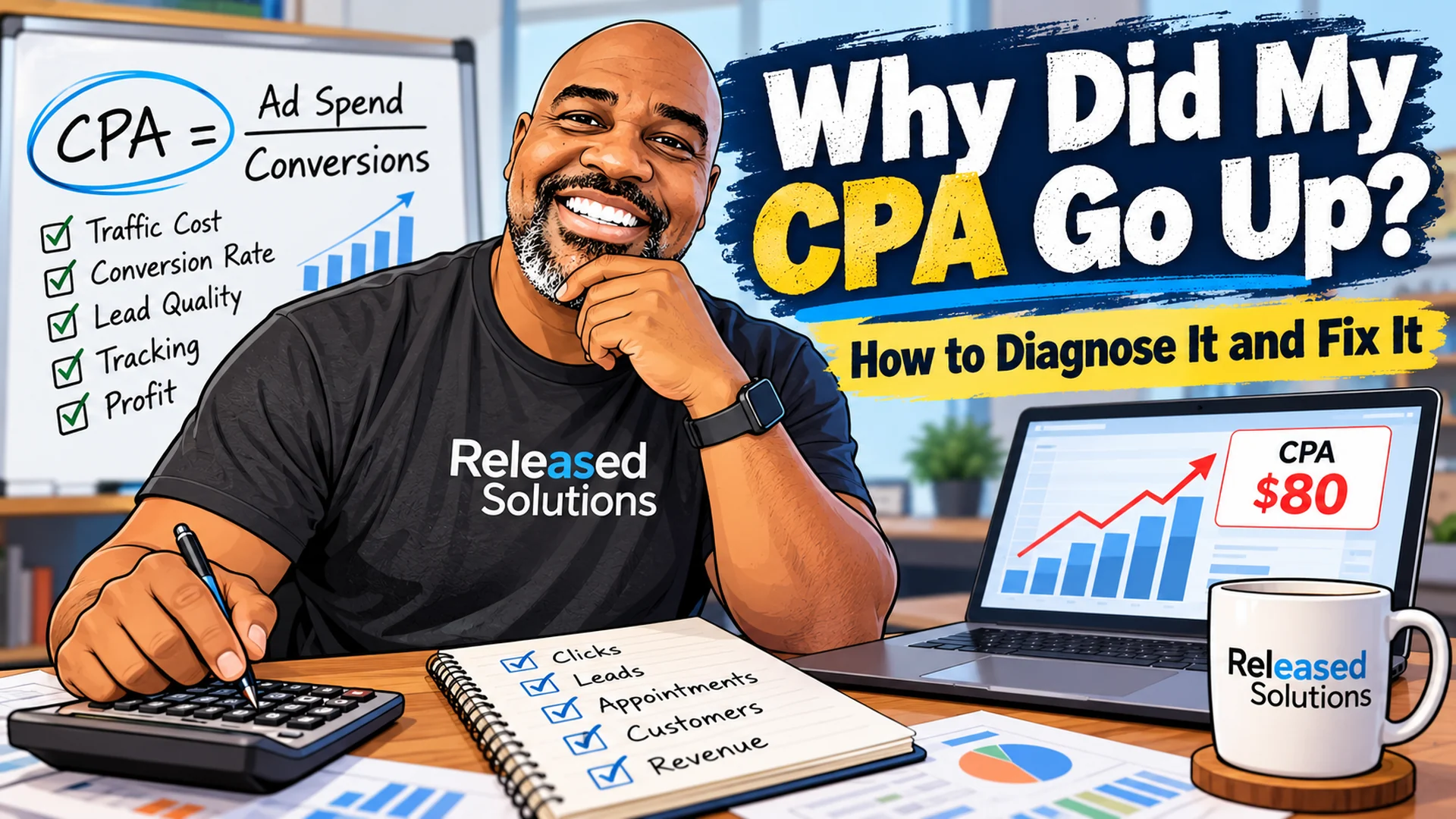 Diagnosing a rising cost per acquisition across traffic cost, conversion rate and lead quality.