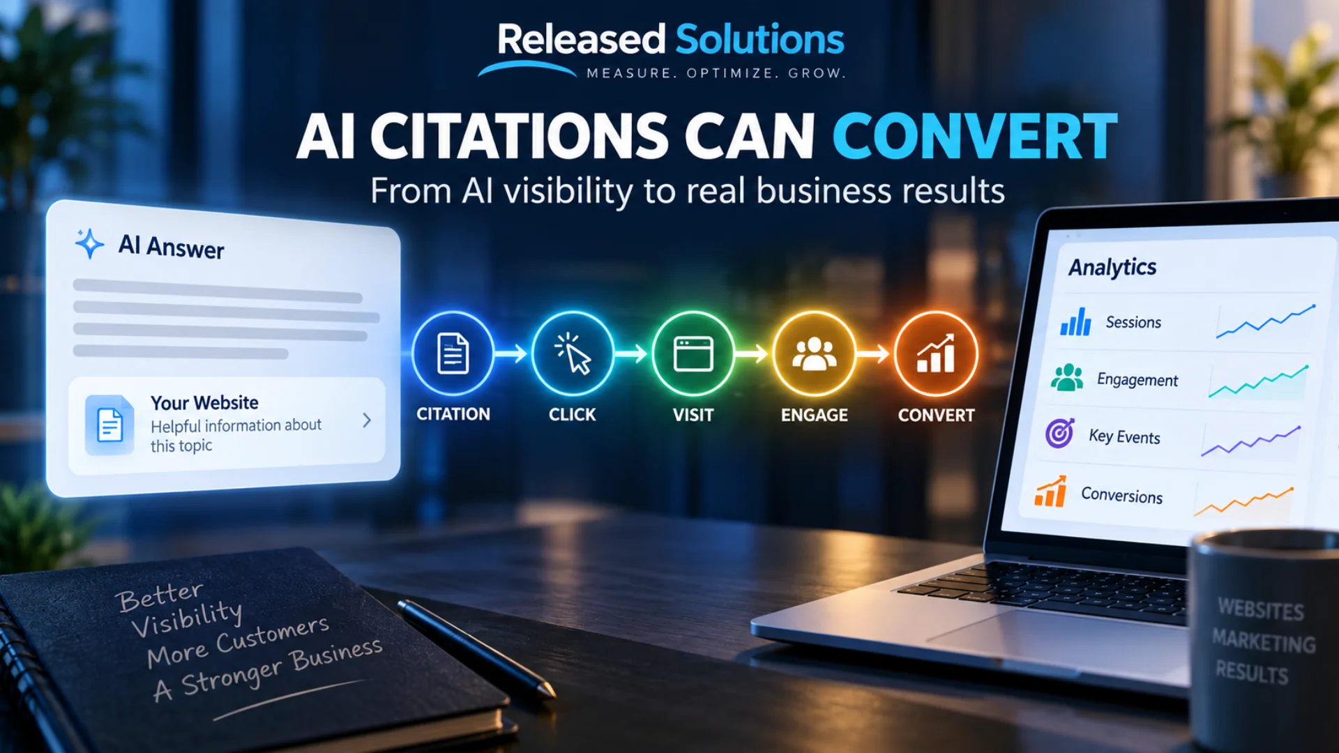 AI citation flowing through click, visit, engagement, and conversion stages into an analytics dashboard for Released Solutions.