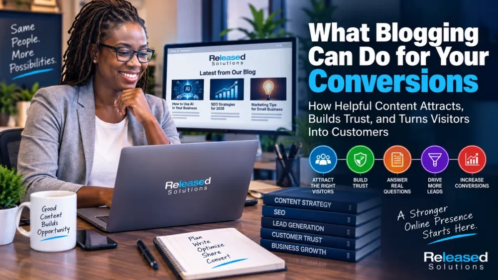 Released Solutions blogging and conversion strategy graphic connecting useful content with trust, leads, and business growth