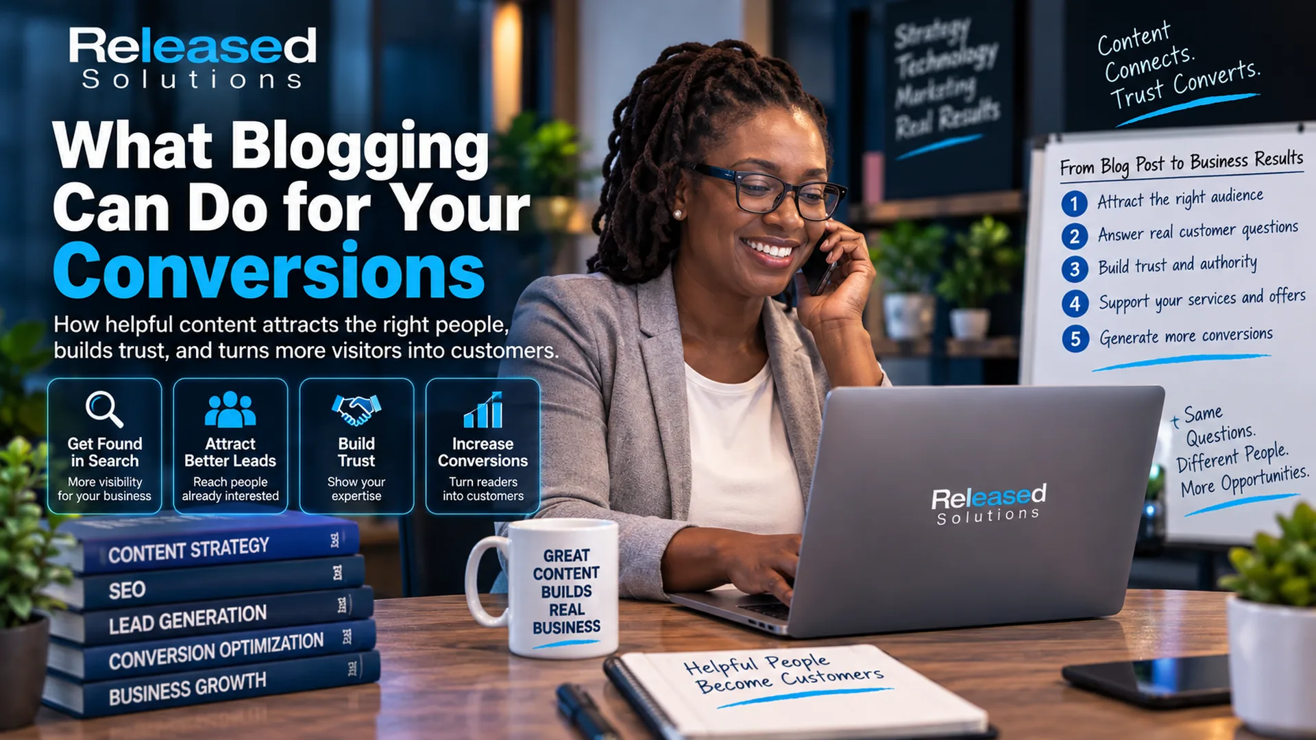 Released Solutions content strategy scene showing how helpful blog content can attract visitors, build trust, answer questions, and create conversion opportunities Released Solutions content strategy scene showing how helpful blog content can attract visitors, build trust, answer questions, and create conversion opportunities