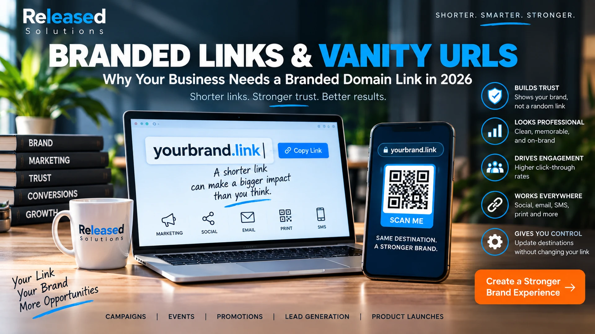 Branded links and vanity URLs shown across a laptop, smartphone, QR code and marketing channels Branded links and vanity URLs shown across a laptop, smartphone, QR code and marketing channels
