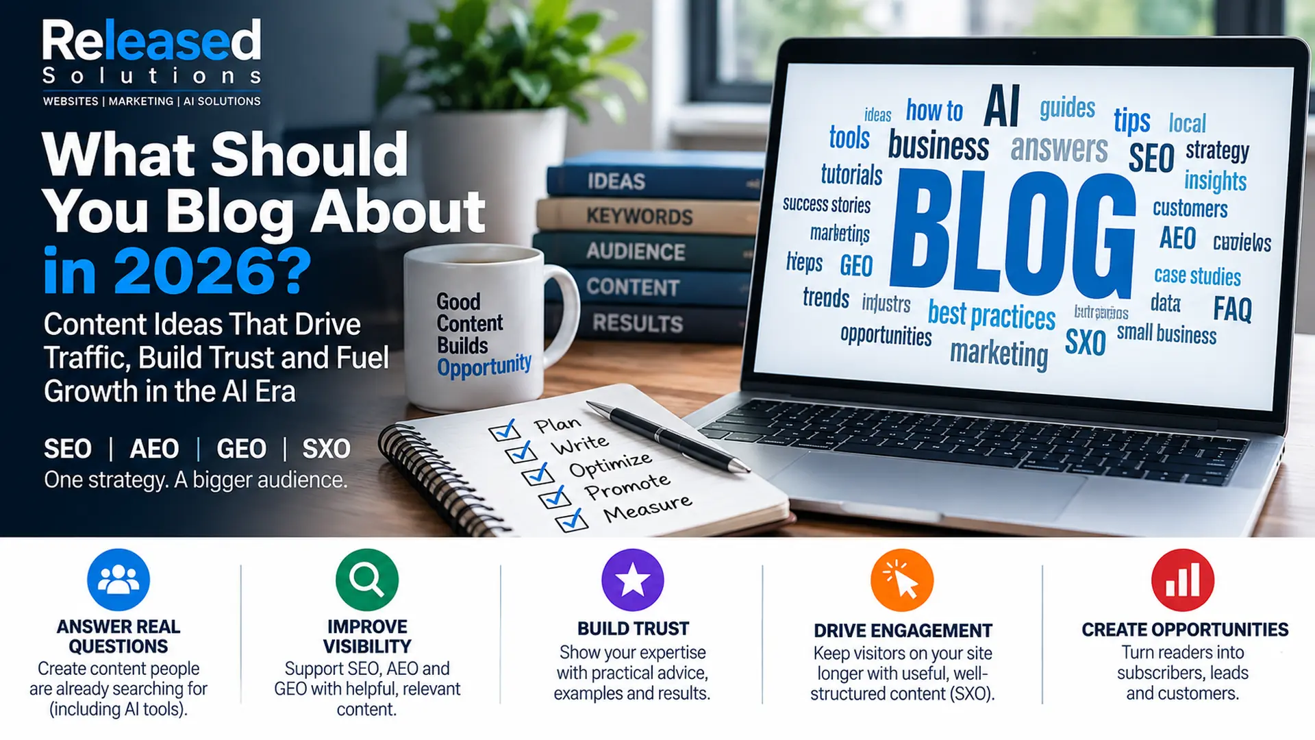 What to blog about in 2026 with SEO, AEO, GEO and SXO content strategy ideas for small business