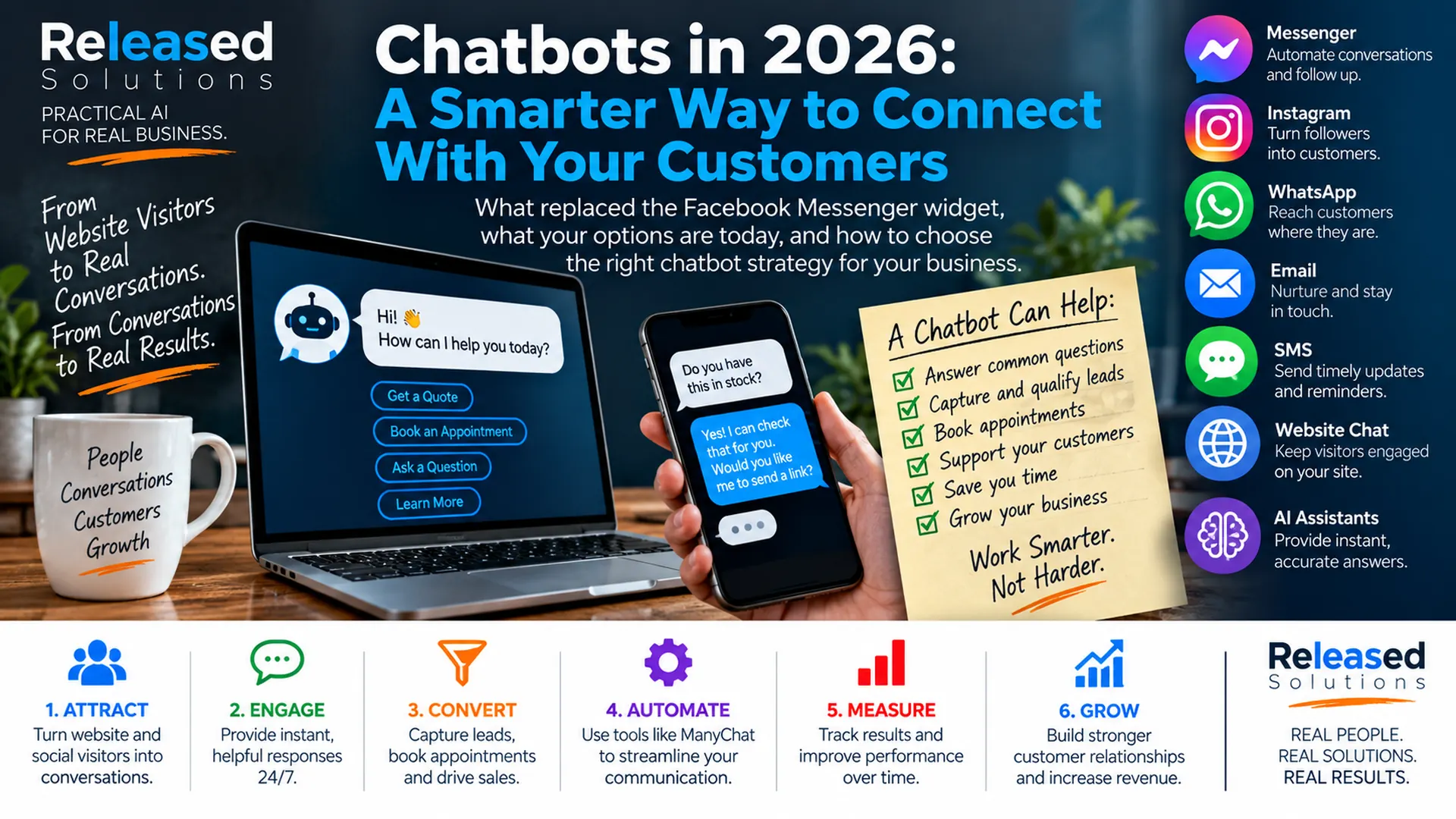 Small business chatbot and conversational marketing system connecting website chat, social messaging, AI assistants, CRM and measurement