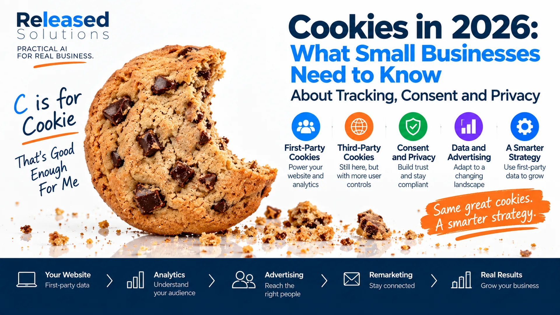 Bitten chocolate-chip cookie illustrating first-party cookies, third-party cookies, consent, analytics and privacy for small businesses in 2026