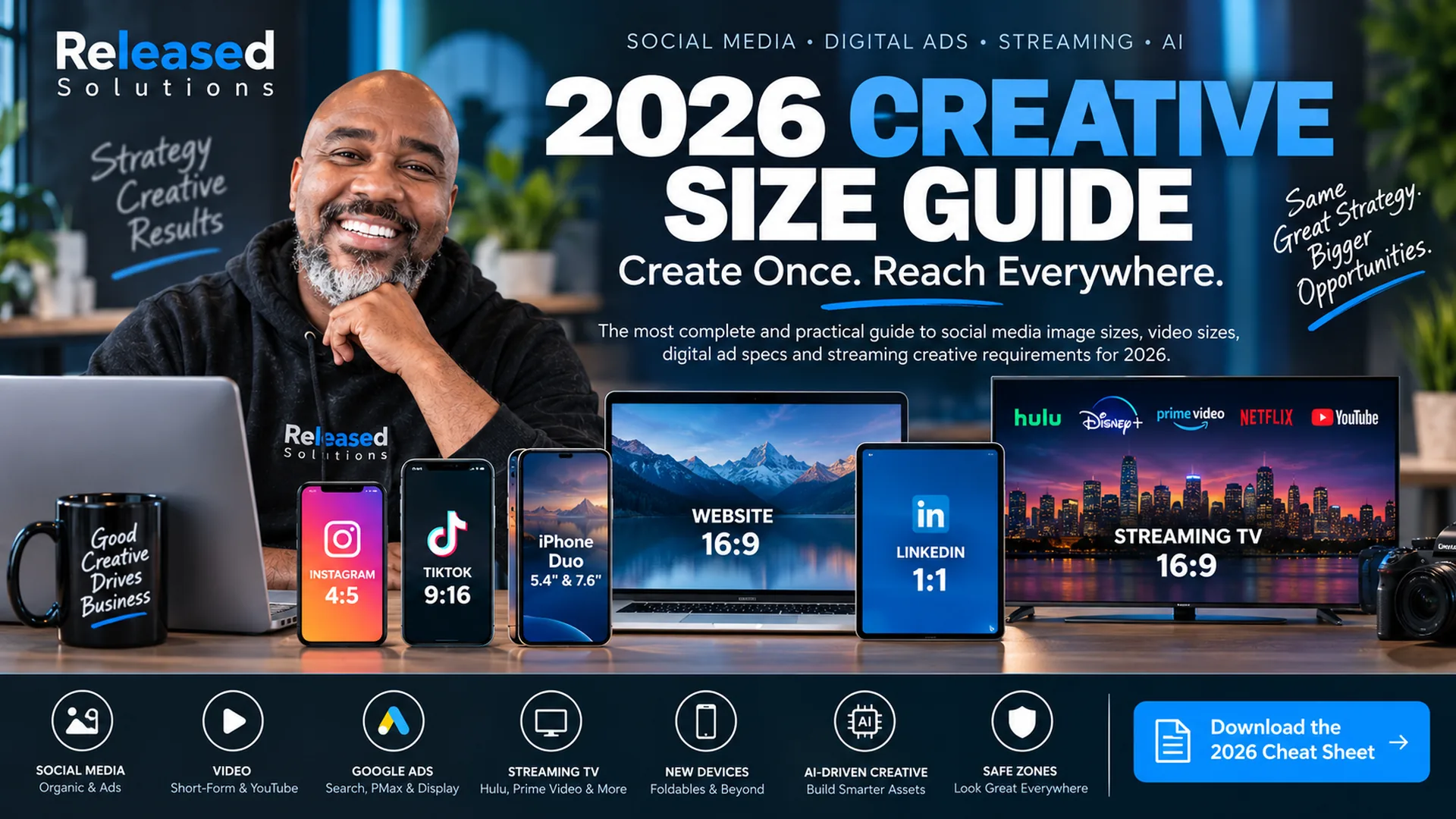 2026 Released Solutions creative size guide showing social media, digital ads, streaming TV and adaptive device formats