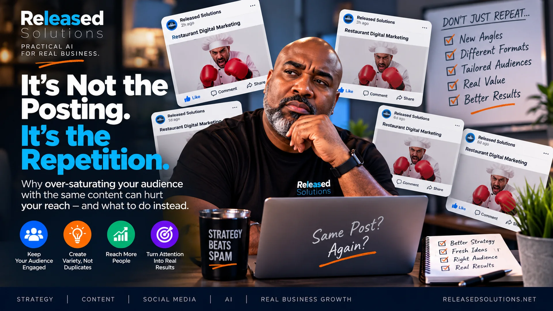 Kenneth Durrum reviewing repeated social media posts while planning a more varied content strategy
