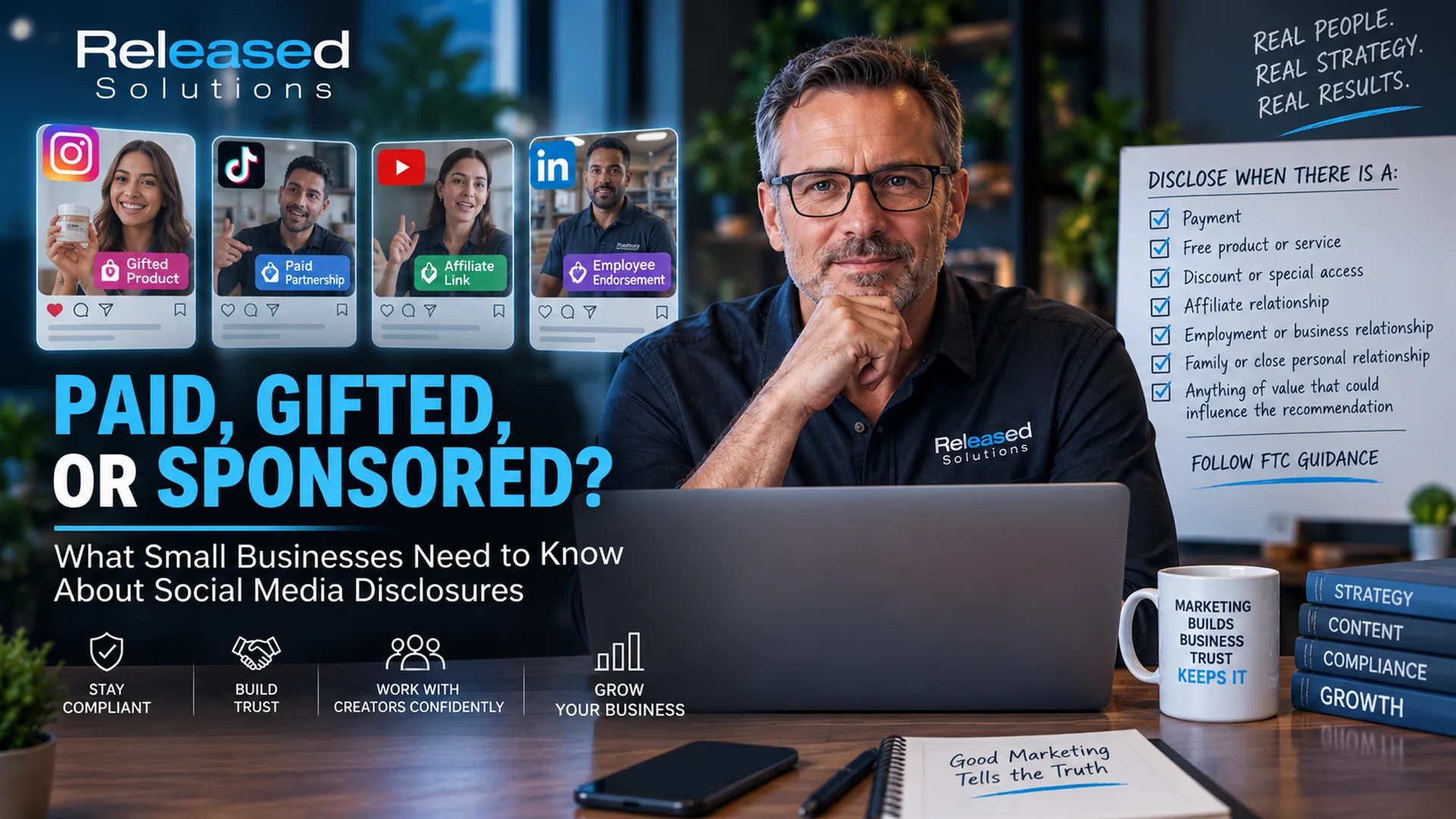 Released Solutions social media marketing scene illustrating paid, gifted, affiliate, and employee endorsements and the need for clear disclosure