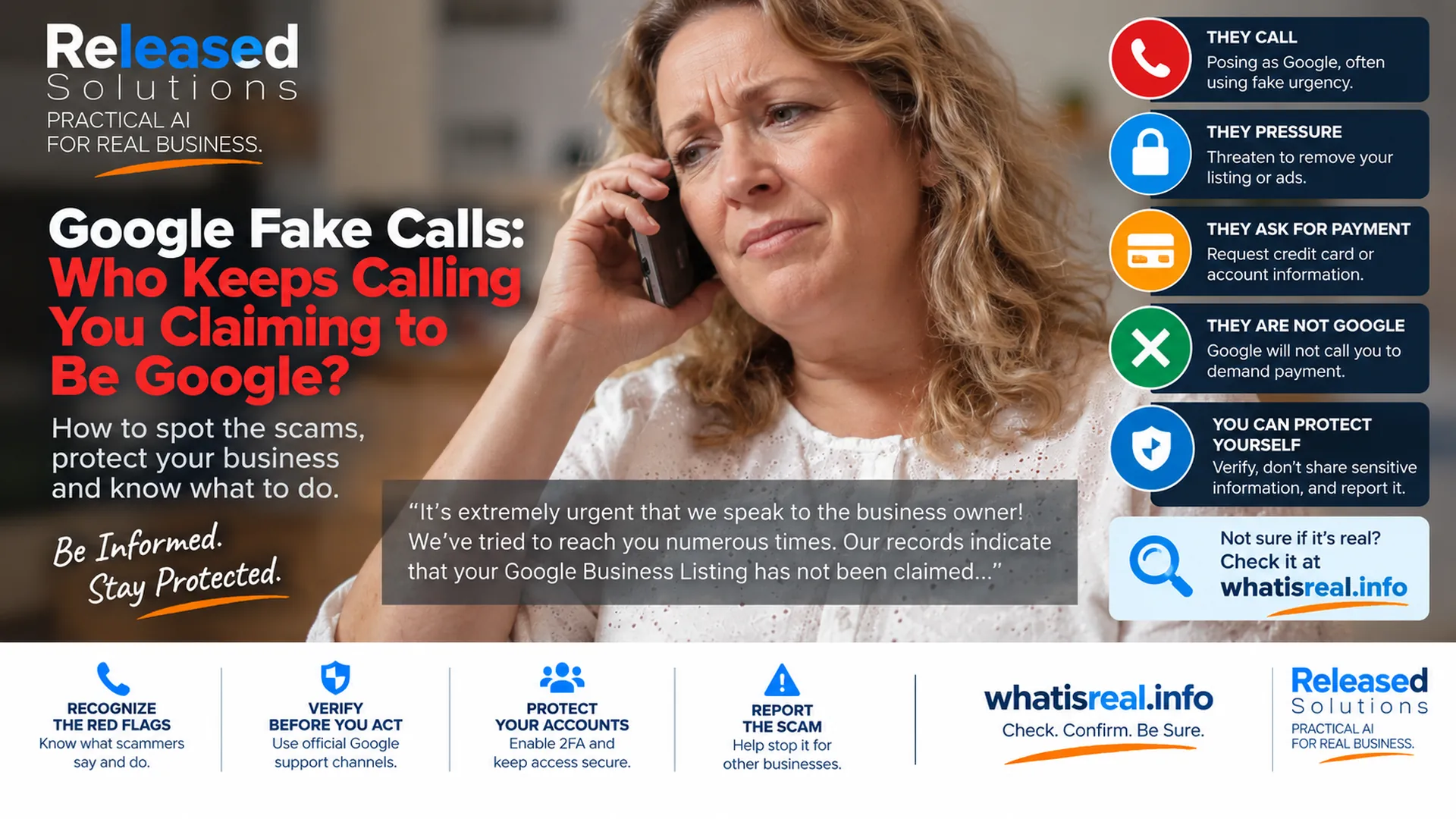 Business owner receiving a suspicious phone call with warning signs for fake Google calls and a prompt to verify at whatisreal.info