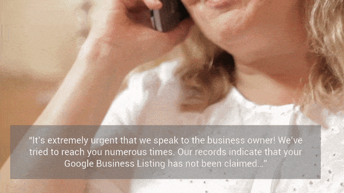 Woman on a phone with an urgent message claiming a Google Business Listing has not been claimed