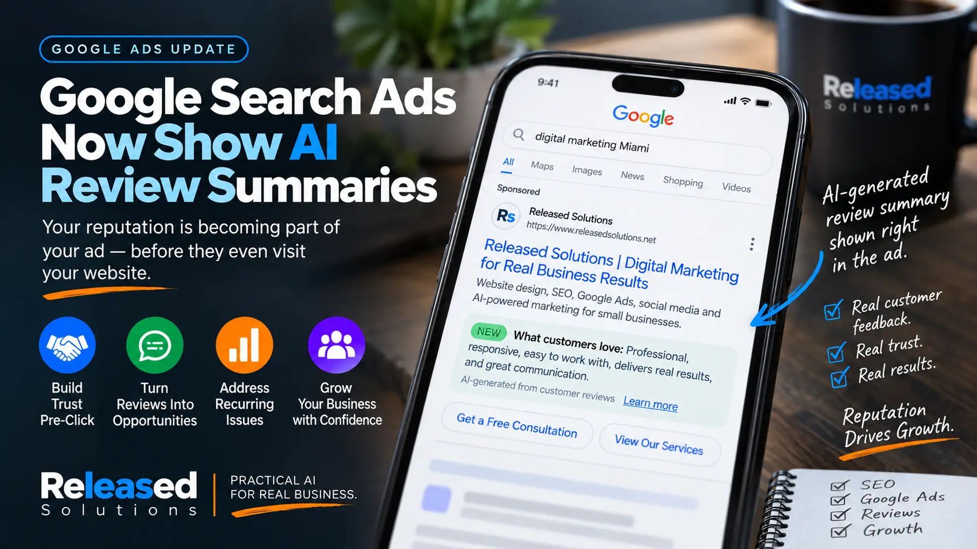 Conceptual Google Search ad for Released Solutions showing an AI-generated customer review summary before the website click