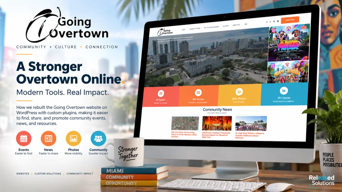 Going Overtown case study: the rebuilt goingovertown.org homepage on a desktop monitor.