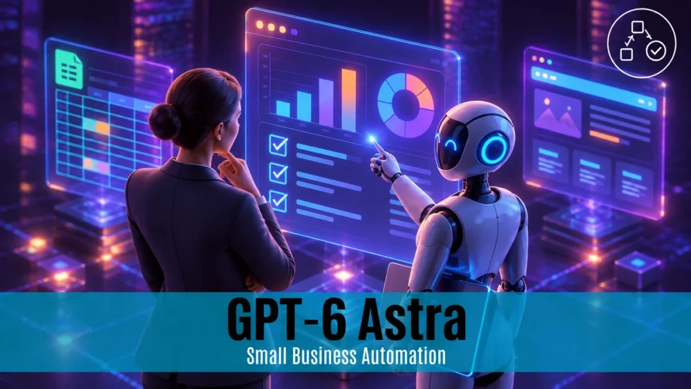 A business owner and robot review a glowing dashboard. GPT-6 Astra: Small Business Automation.