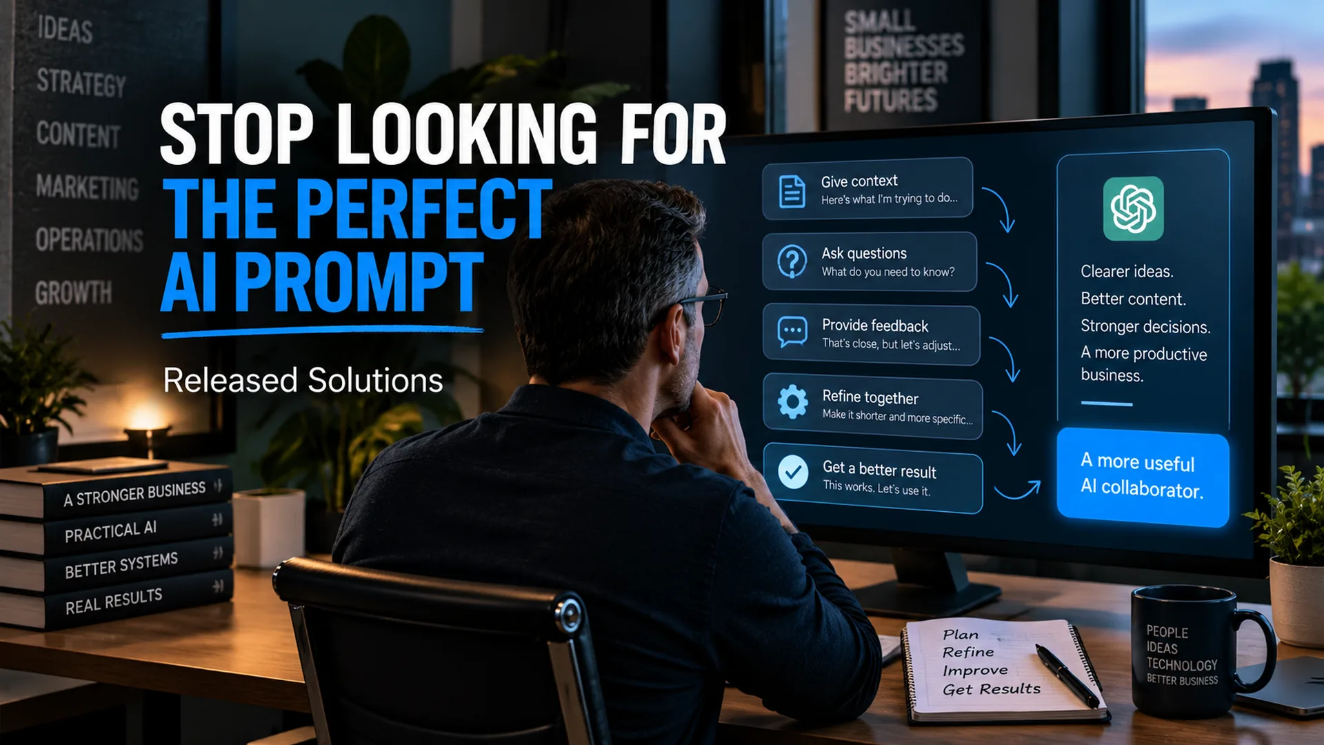 Business professional guiding an AI conversation with context, corrections, and refinement, illustrating better AI direction from Released Solutions