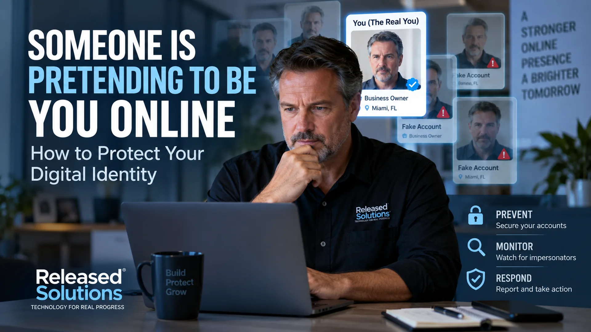 Business owner surrounded by authentic and fake digital profile cards illustrating online impersonation and digital identity protection