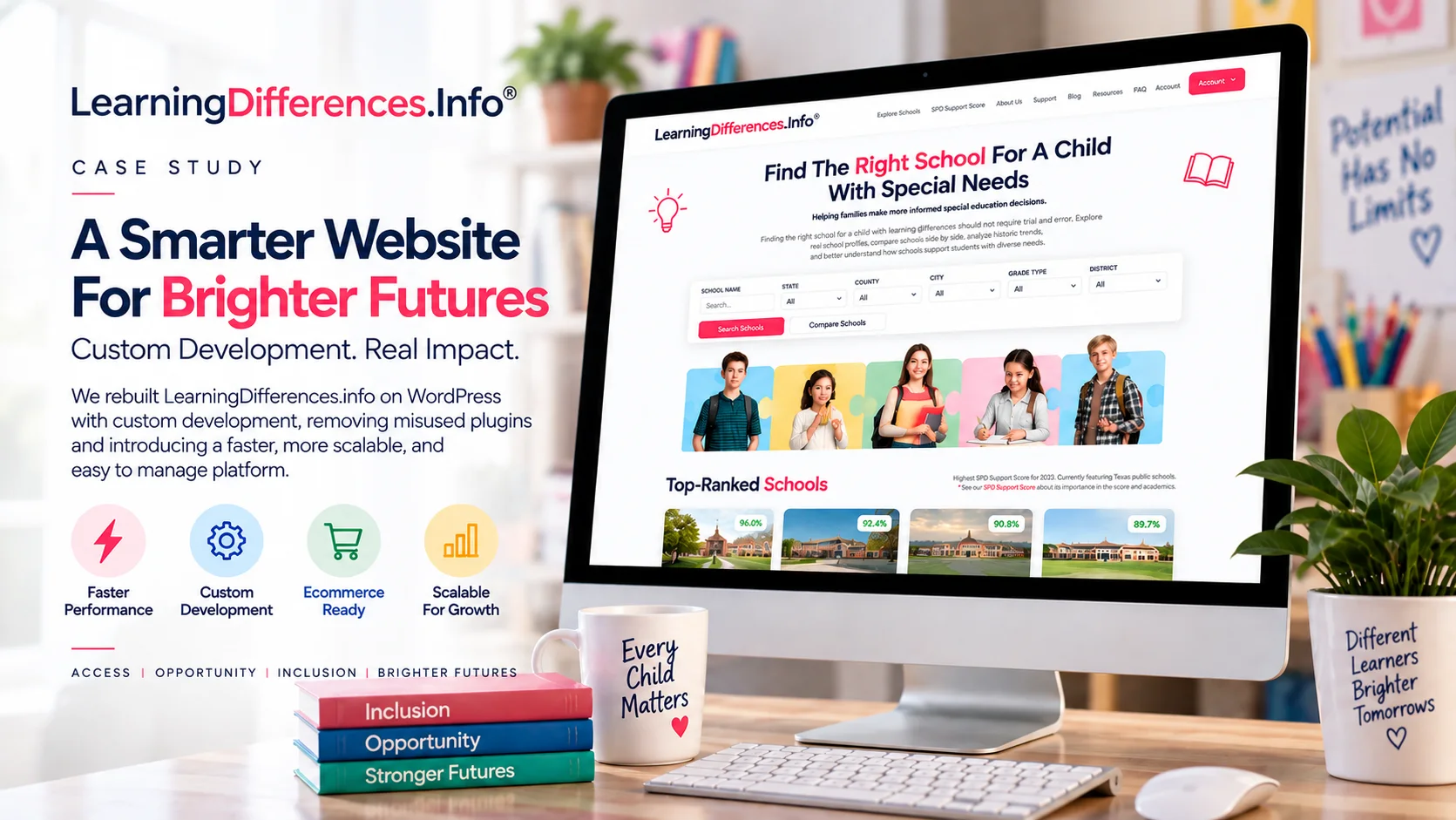 LearningDifferences.info case study: a smarter website for brighter futures, showing the rebuilt school-comparison site on a desktop monitor.