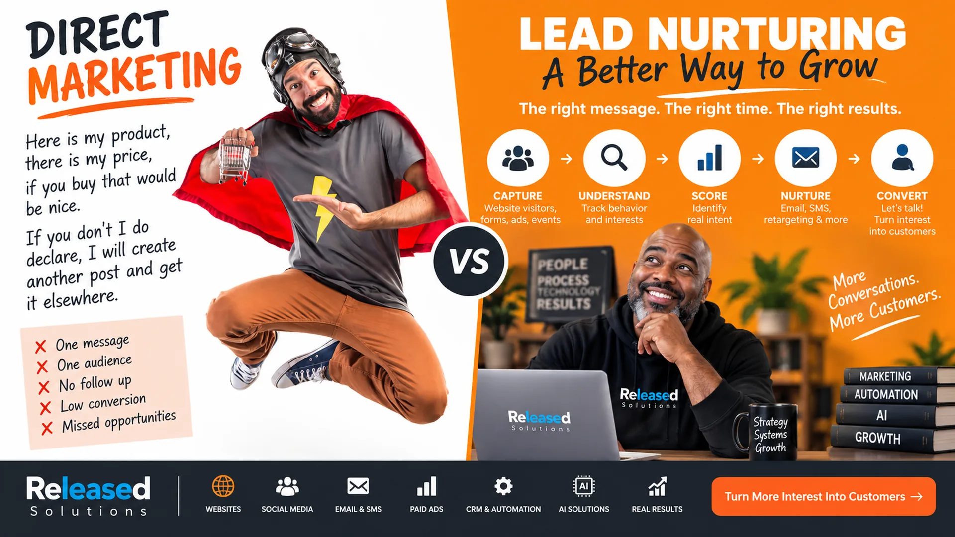 Direct marketing versus modern lead nurturing infographic showing a customer journey from capture and scoring through automation and human follow-up
