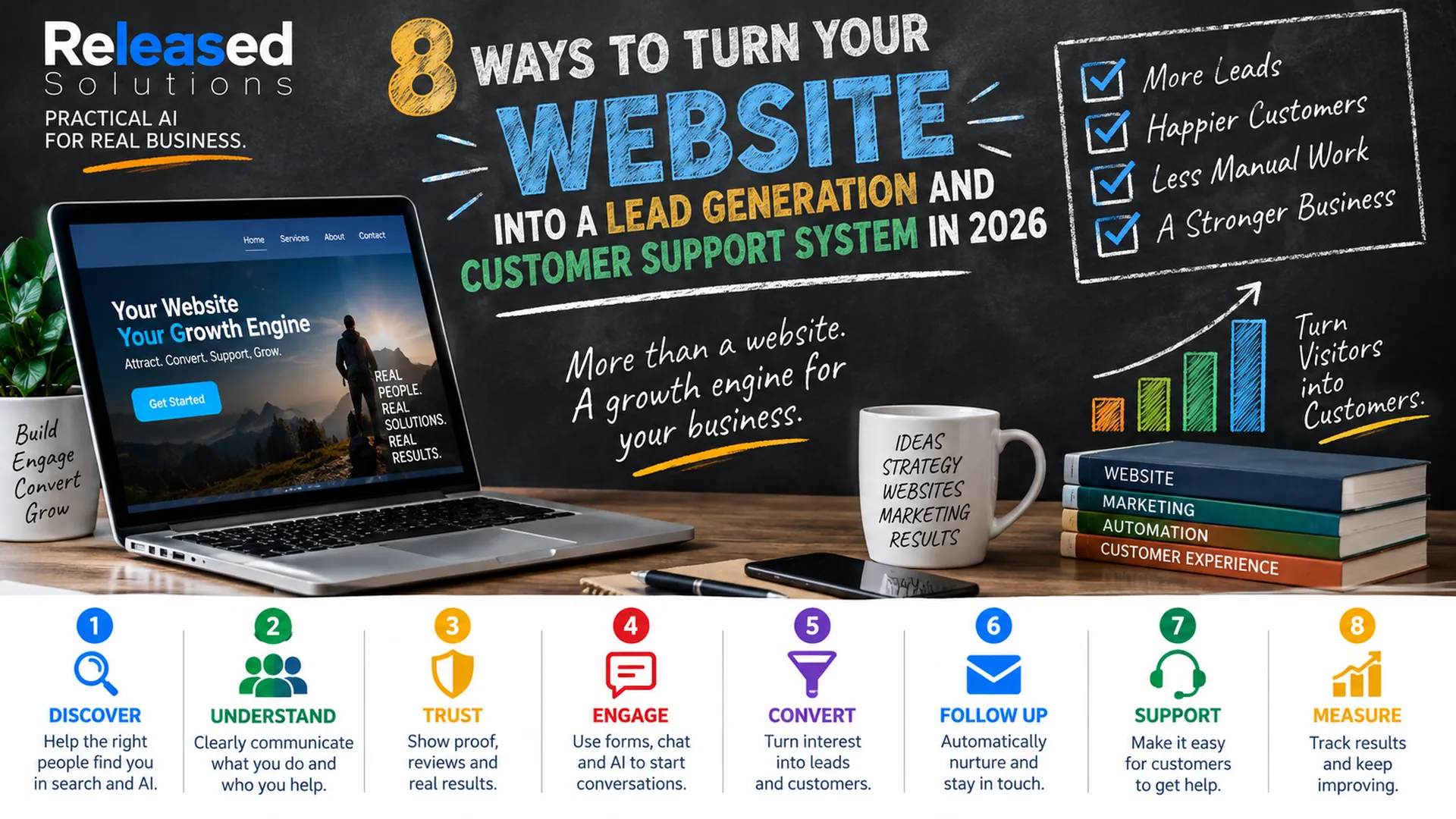 Chalkboard-style website lead generation and customer support framework showing eight stages from discovery through measurement Chalkboard-style website lead generation and customer support framework showing eight stages from discovery through measurement