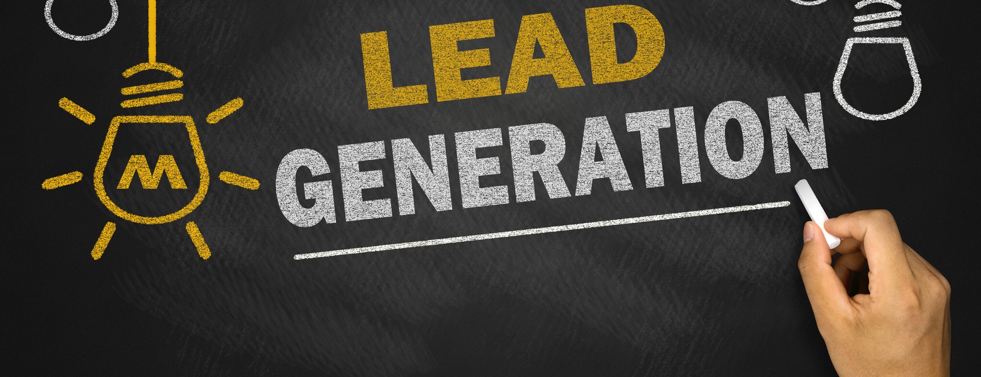 Chalkboard graphic reading Lead Generation with lightbulb illustration and a hand drawing with chalk