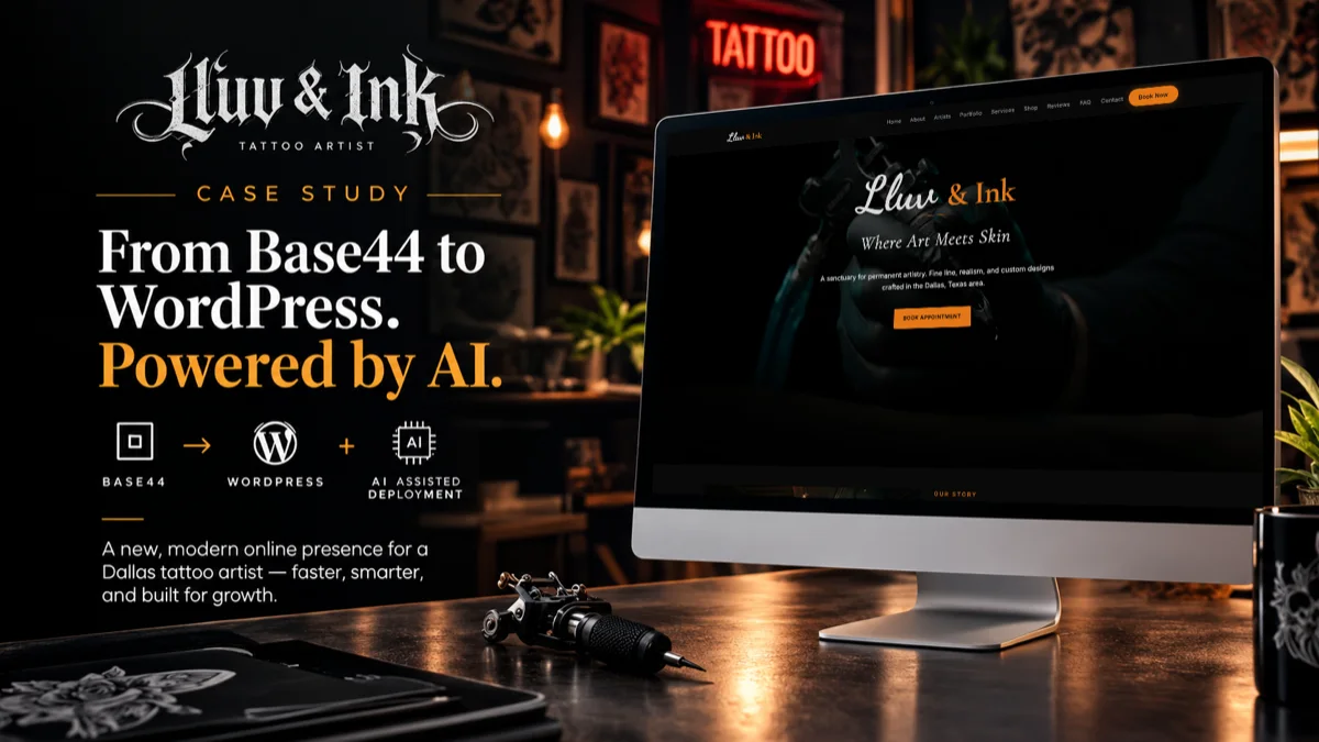 Lluv and Ink case study: the live lluvandink.com homepage on a monitor, rebuilt from Base44 into WordPress.