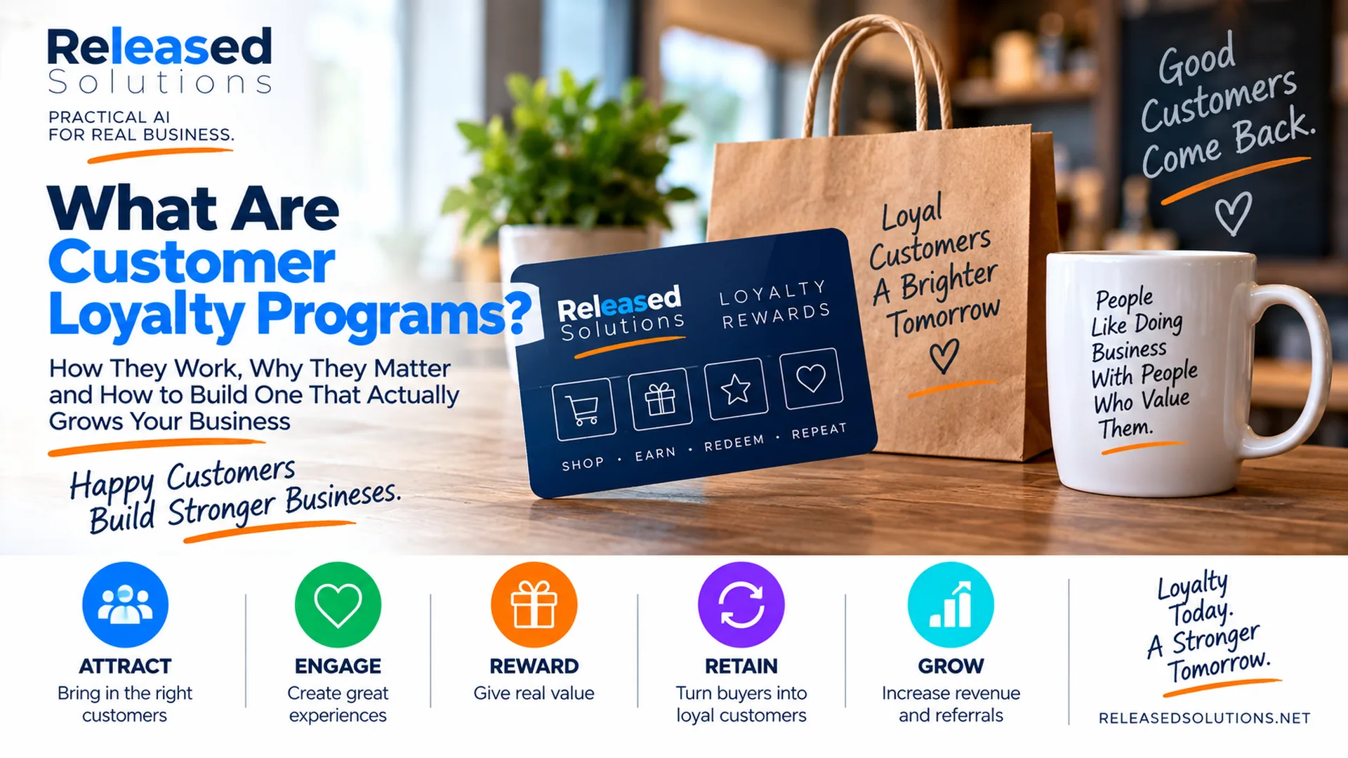 Customer loyalty card and business rewards imagery illustrating how small businesses attract, engage, reward, retain and grow loyal customers