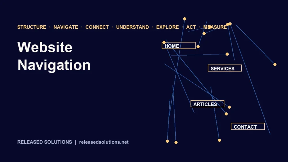 Website structure diagram connecting navigation, internal links, content and customer next steps