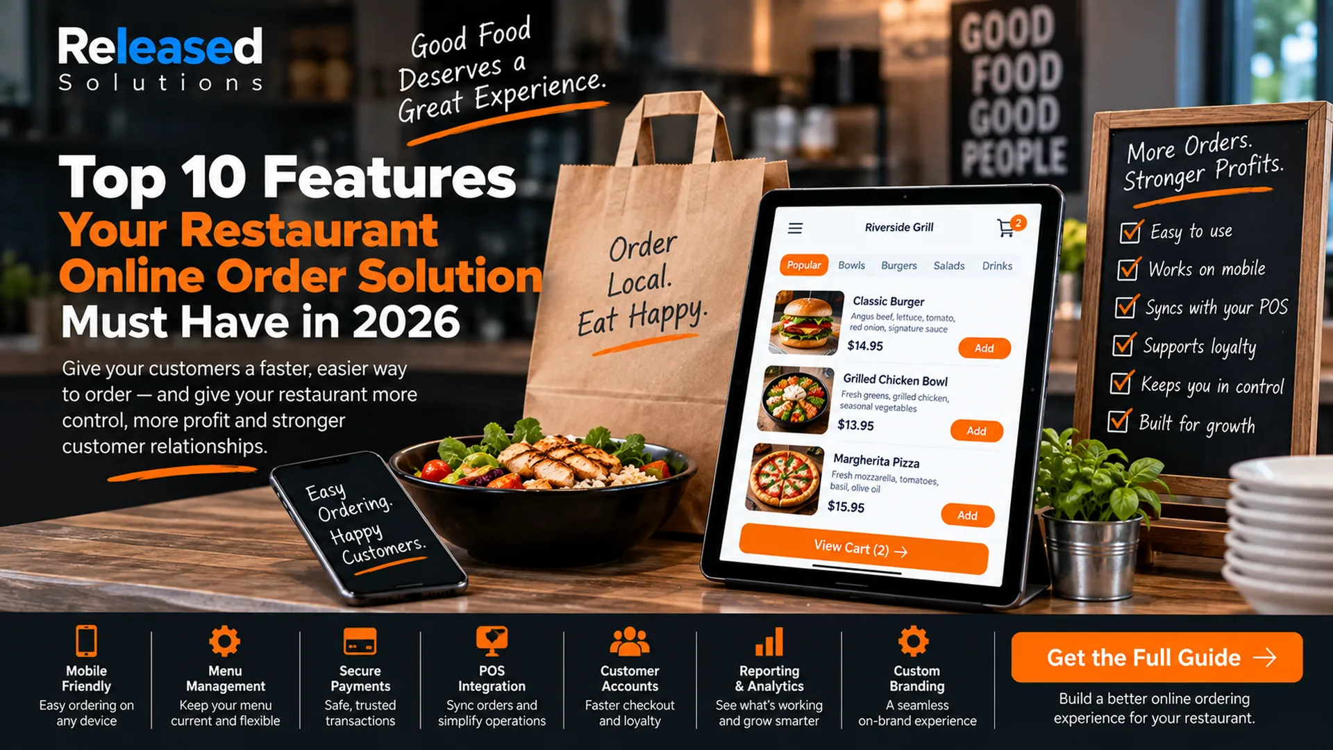 Top 10 restaurant online ordering features shown with a mobile ordering interface, takeout packaging and restaurant technology Top 10 restaurant online ordering features shown with a mobile ordering interface, takeout packaging and restaurant technology