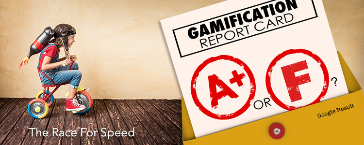 Lead-style website speed graphic showing a child racer and an A-plus or F gamification report card