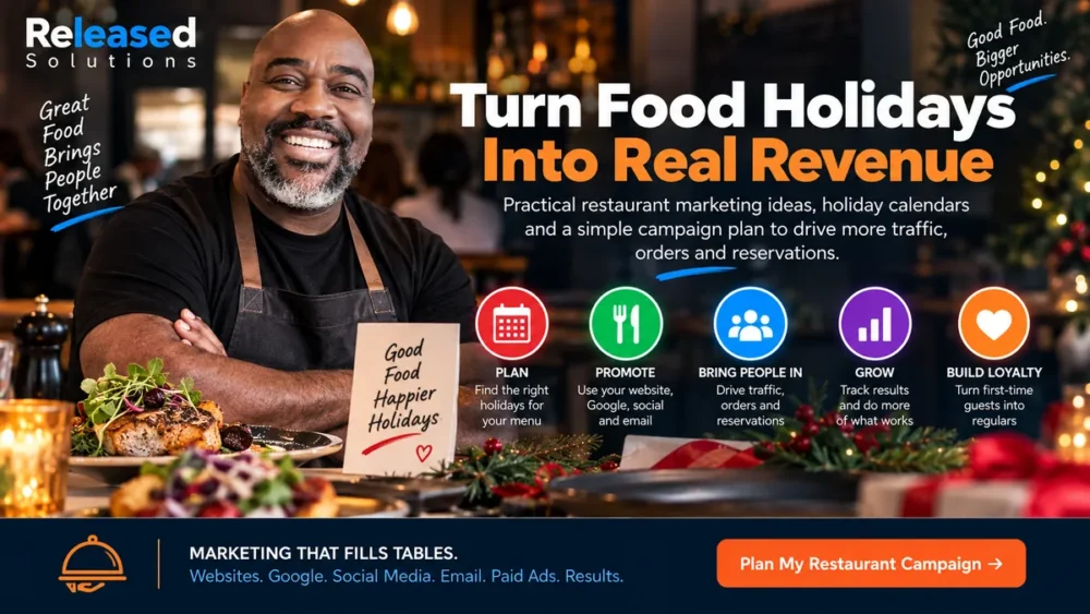 Restaurant holiday marketing graphic encouraging restaurants to turn food holidays into traffic, orders and reservations