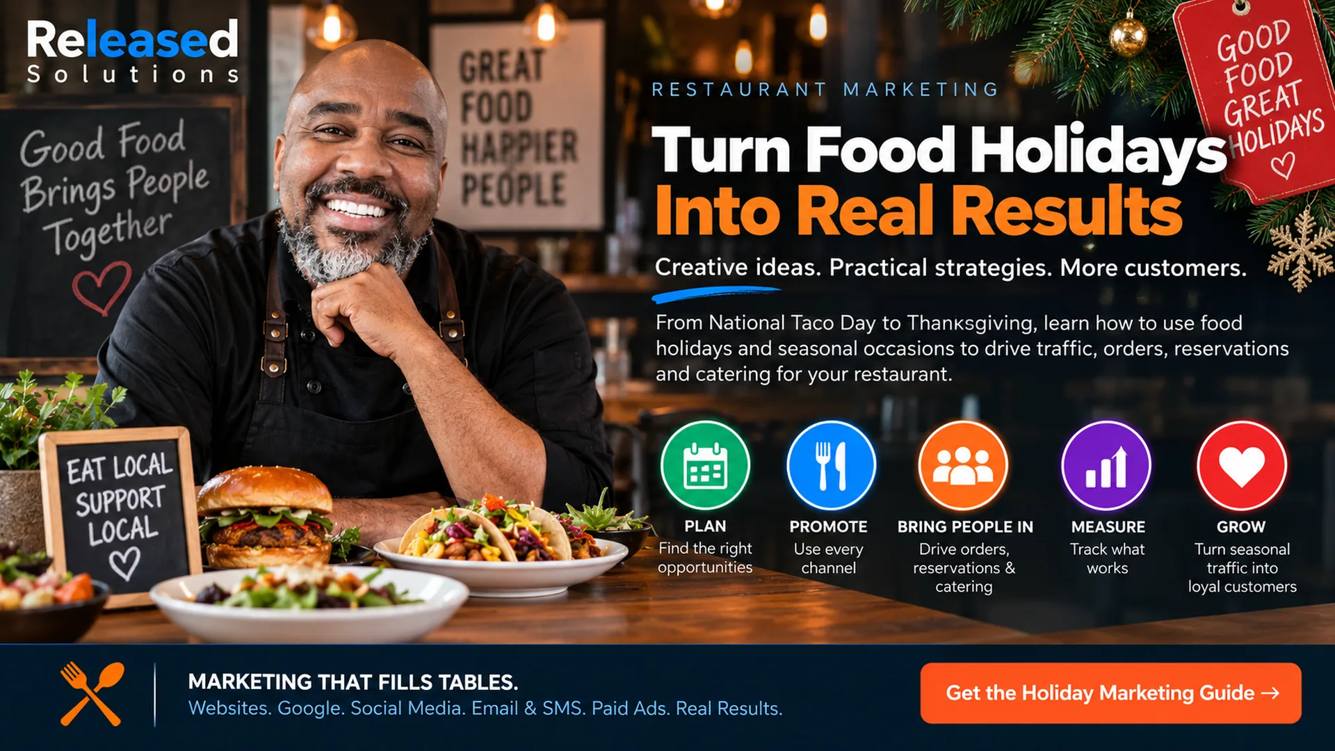 Released Solutions restaurant holiday marketing graphic showing a restaurant owner, seasonal food and a campaign framework for driving orders and reservations Released Solutions restaurant holiday marketing graphic showing a restaurant owner, seasonal food and a campaign framework for driving orders and reservations