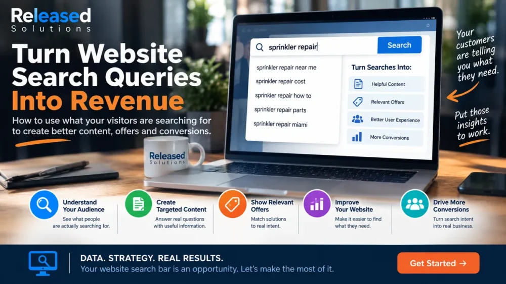 Turn Website Search Queries Into Revenue graphic showing an internal website search for sprinkler repair and ways to use the resulting customer intent