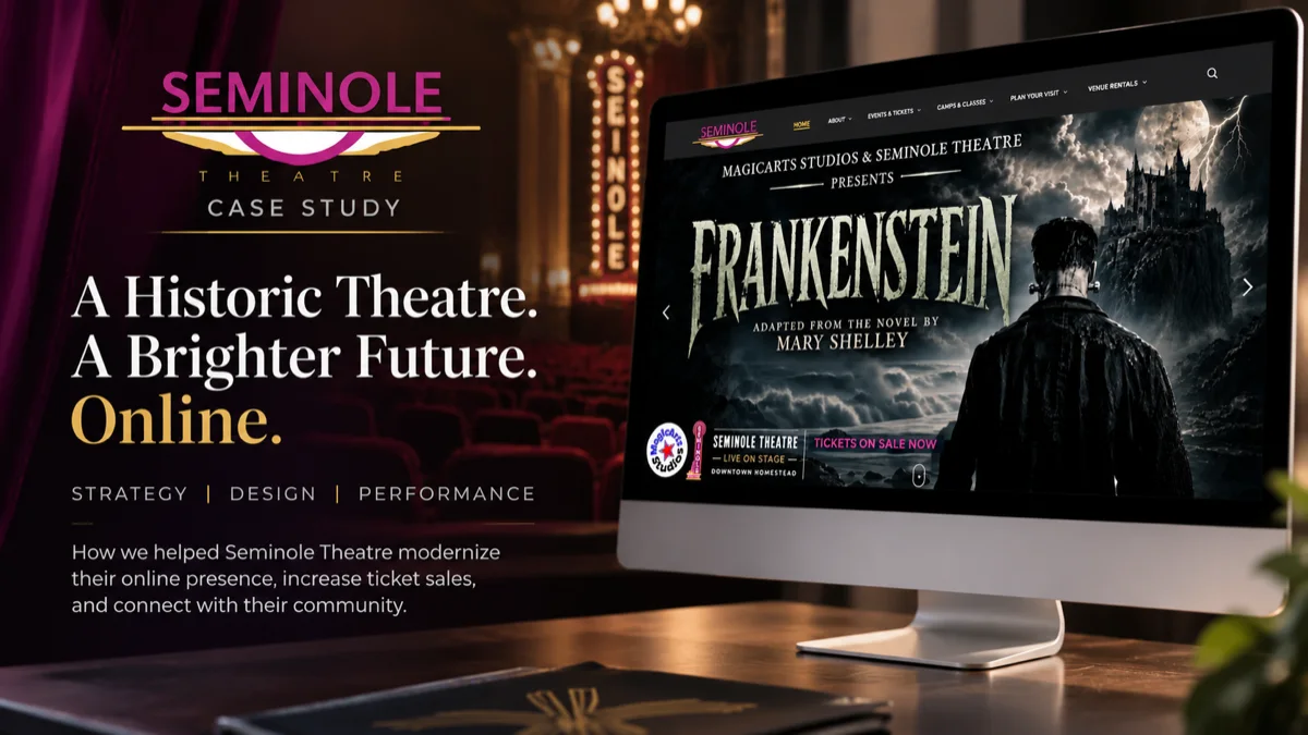 Seminole Theatre case study: the rebuilt seminoletheatre.org homepage shown on a desktop monitor beside the Seminole Theatre logo.