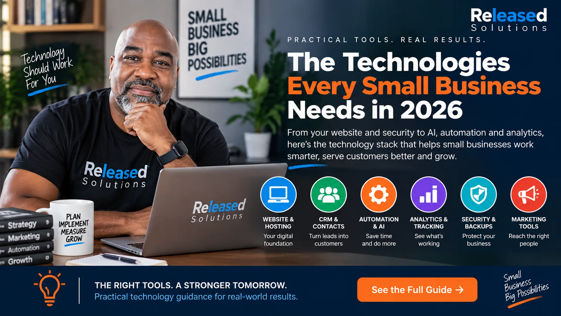 Released Solutions small business technology strategy graphic showing website, CRM, automation, analytics, security and marketing as parts of a connected technology stack Released Solutions small business technology strategy graphic showing website, CRM, automation, analytics, security and marketing as parts of a connected technology stack