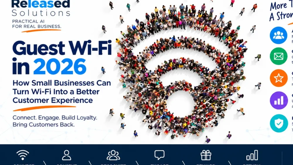 Guest Wi-Fi customer experience concept showing a crowd forming a wireless signal and the connect-to-return customer journey