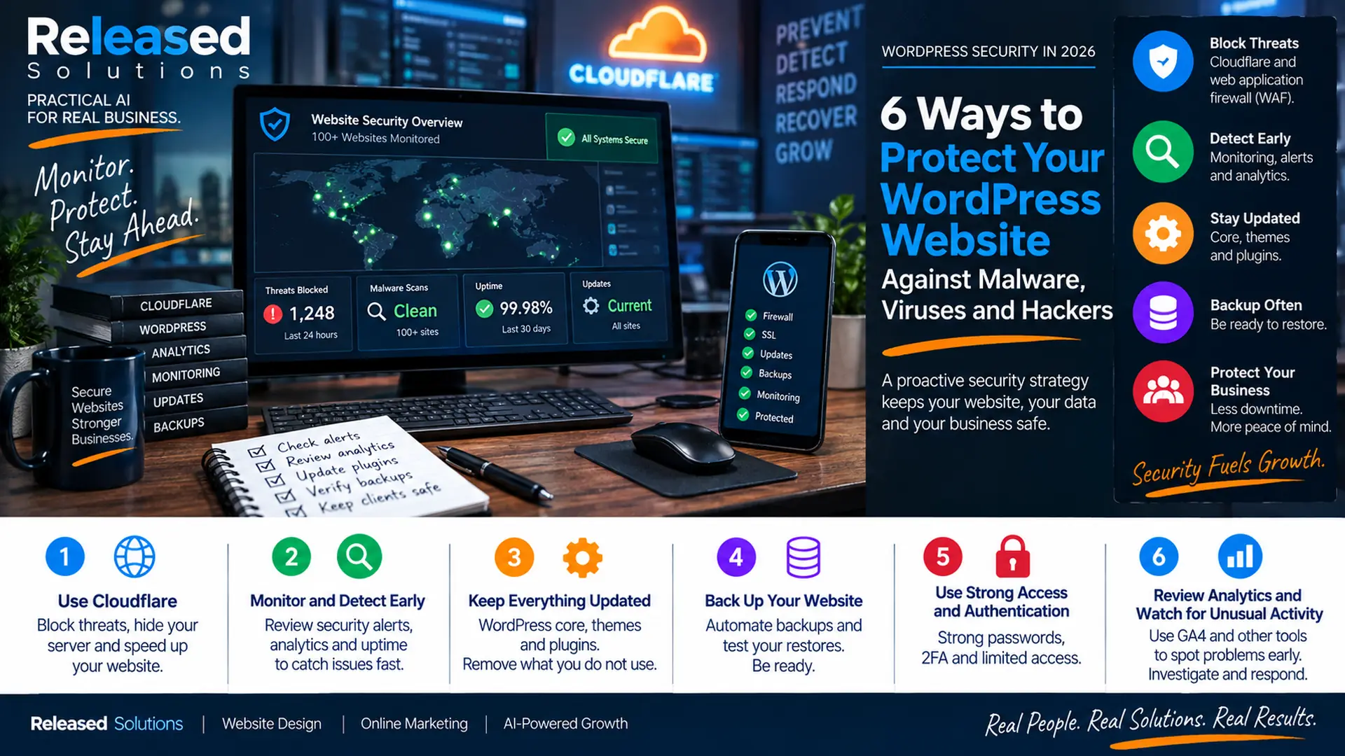 WordPress security monitoring system showing Cloudflare protection, threat detection, updates, backups and website monitoring