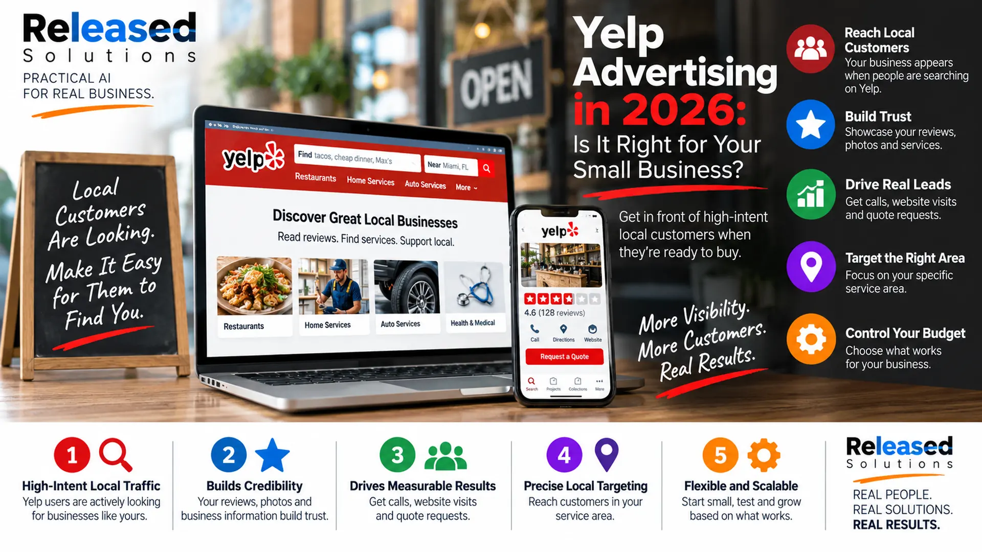 Yelp advertising in 2026 showing local customer discovery, reviews, quote requests, targeting and measurable results