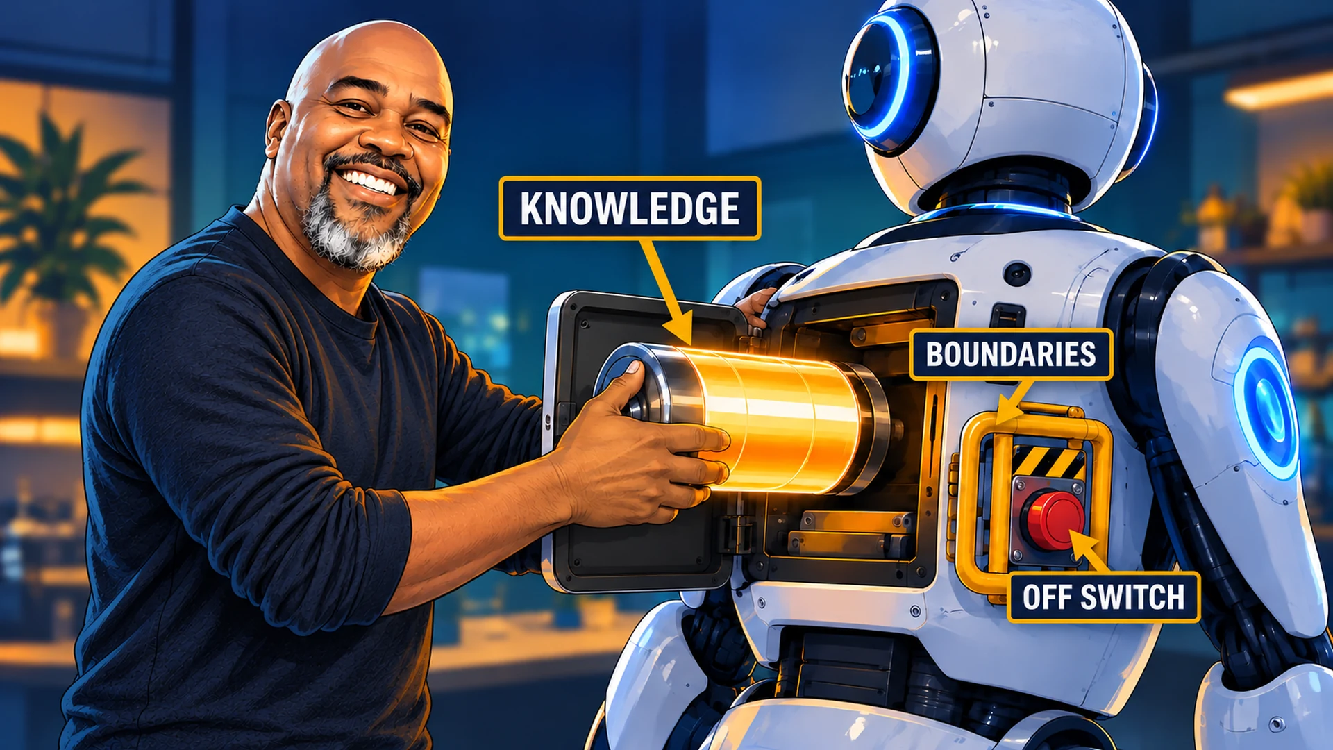 Cartoon of Kenneth inserting a glowing battery into an AI robot with labeled safety controls.