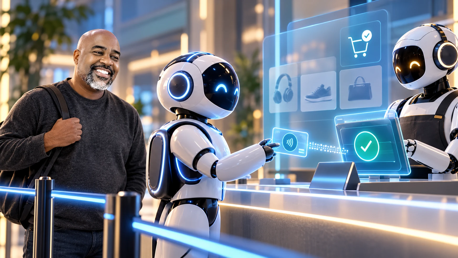 Customer waits behind an AI buyer agent paying a website cashier bot in a digital checkout line