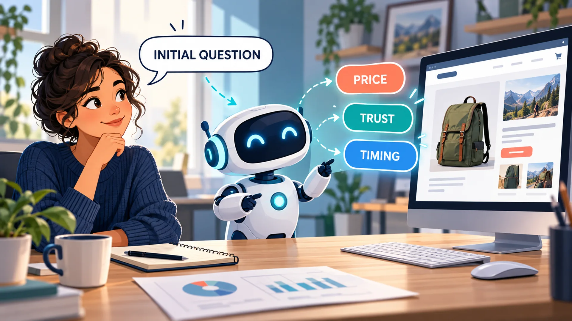Cartoon AI robot creates price, trust and timing question chips beside a customer and business website.