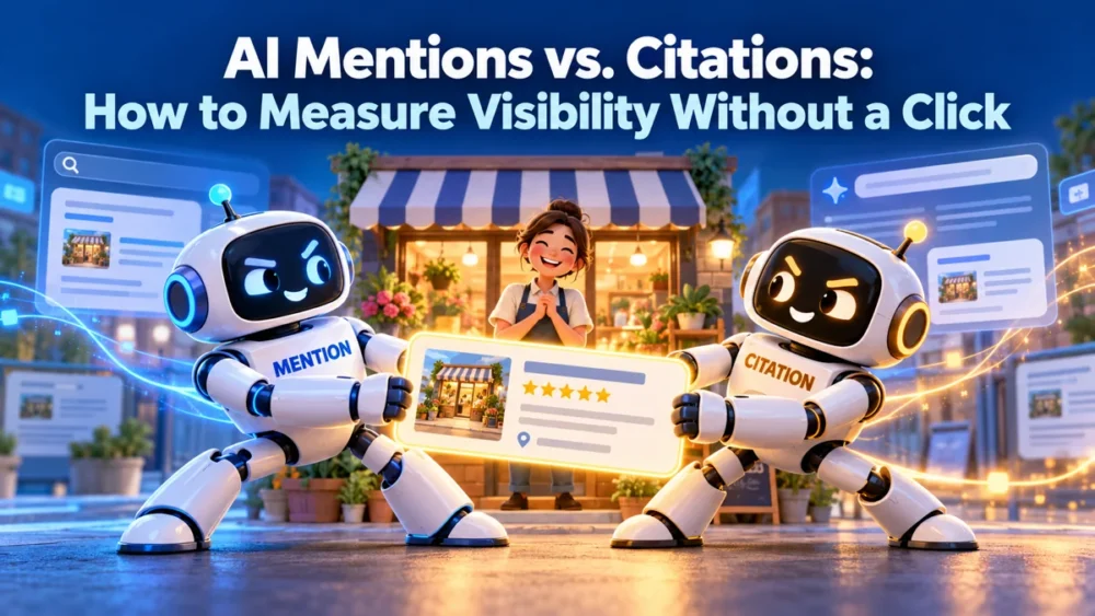 Two AI robots named Mention and Citation hold a glowing small-business result card in a friendly contest.