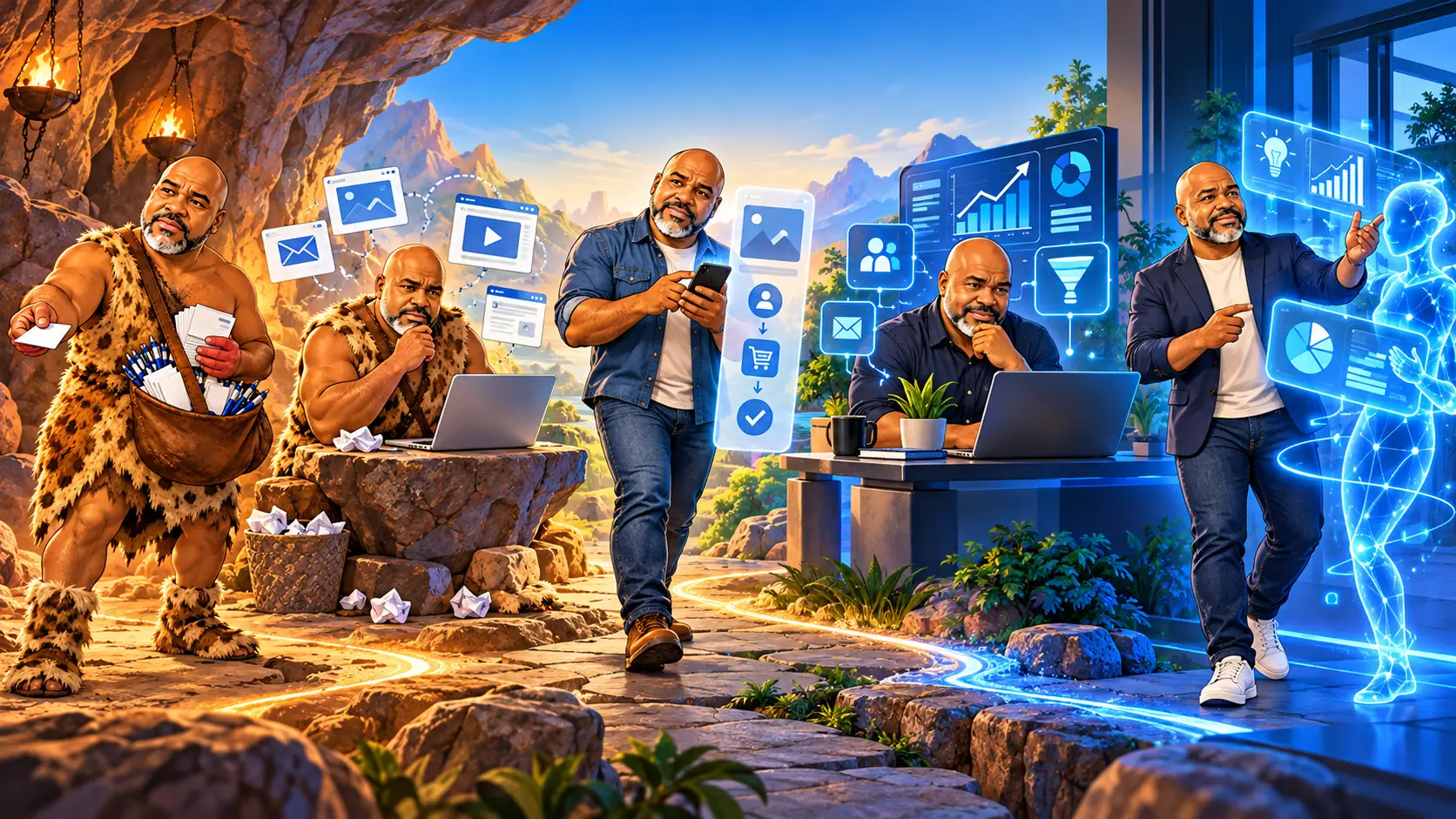 Five stages of marketing, from a caveman handing out business cards to an entrepreneur working with an AI assistant