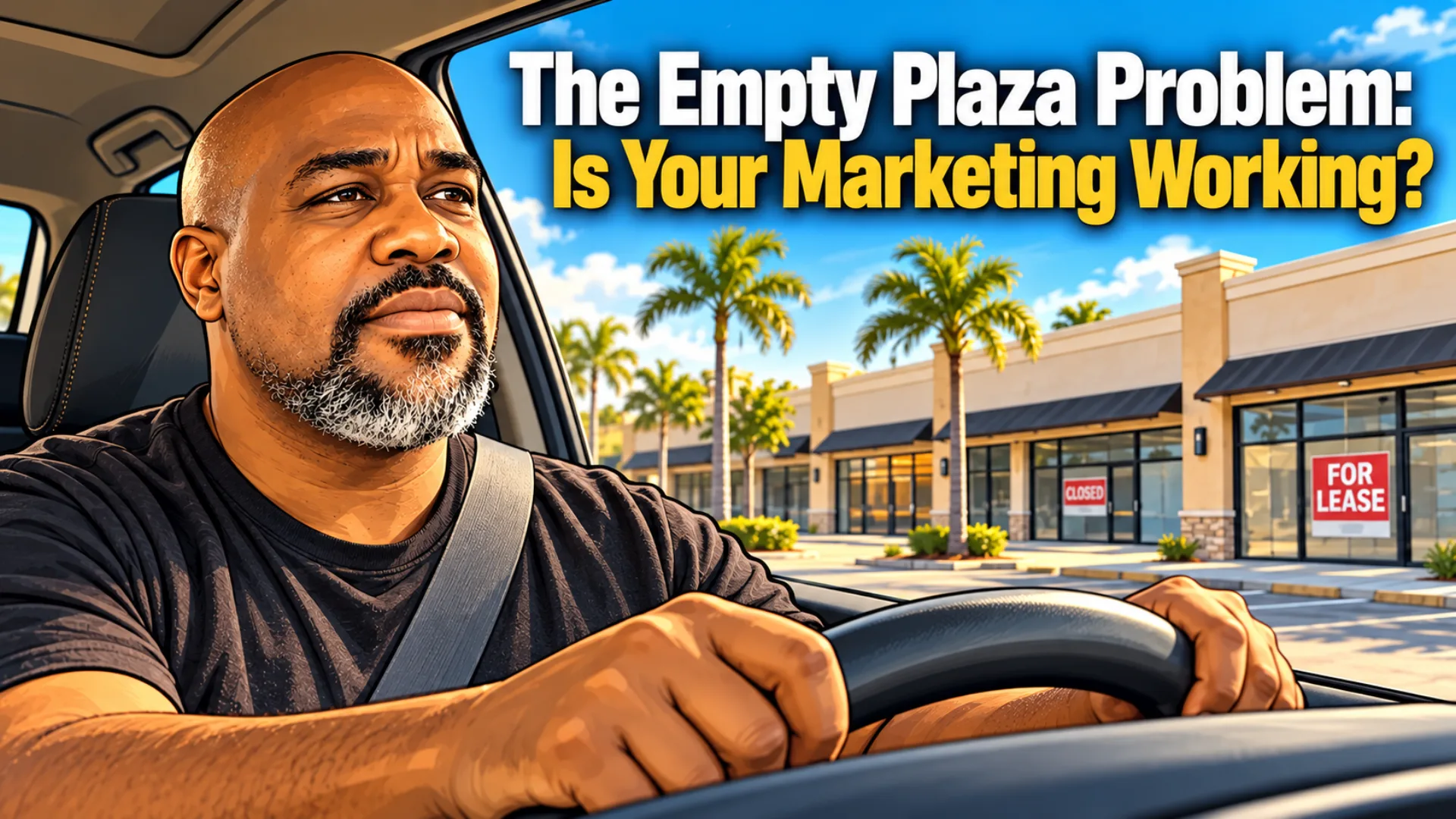 Cartoon illustration of Kenneth Durrum driving past vacant storefronts beneath the title The Empty Plaza Problem: Is Your Marketing Working?